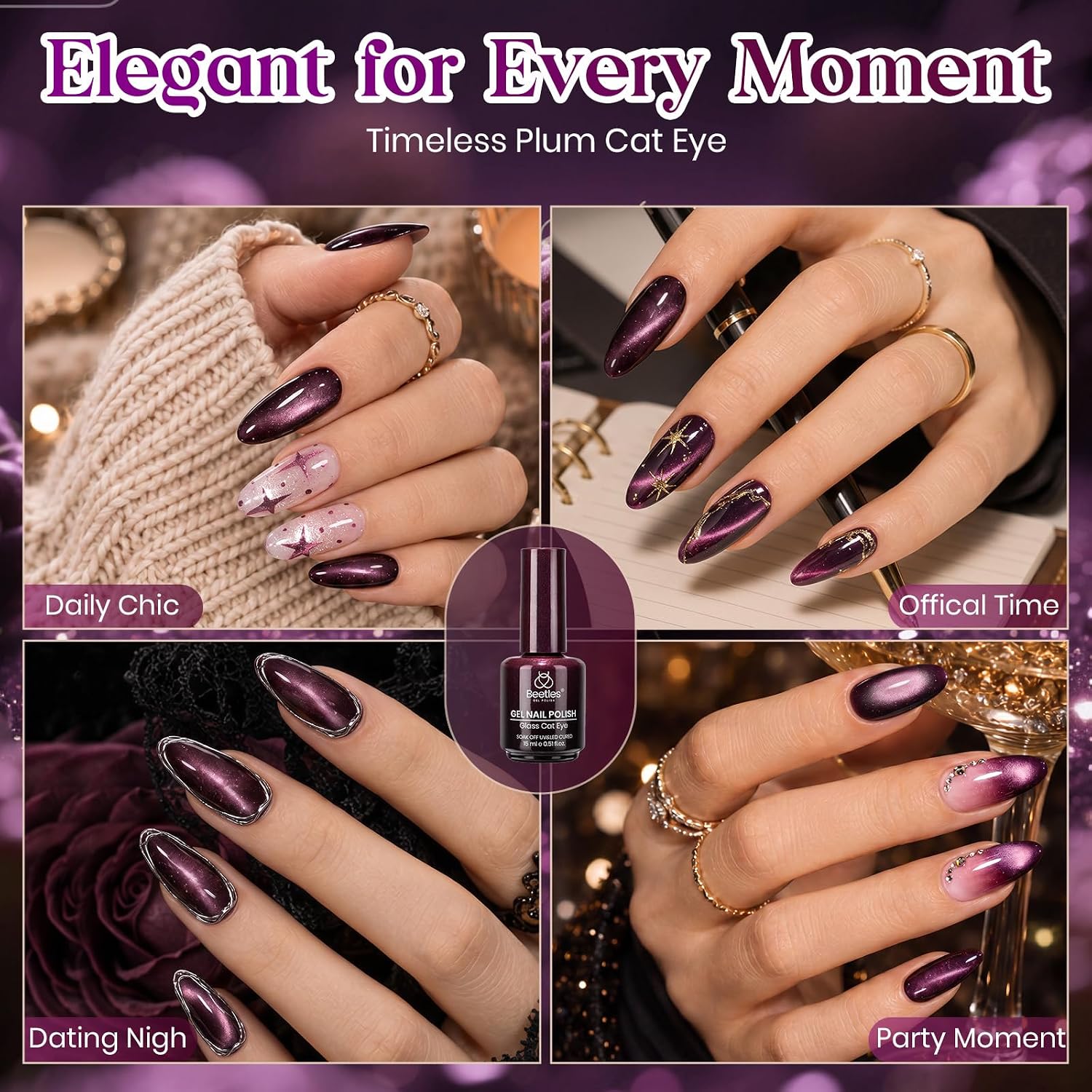 ESMALTE EN GEL BEETLES DEEP PURPLE CAT EYE 15ML MYSTIC PLUM MAGNÉTICO - 5