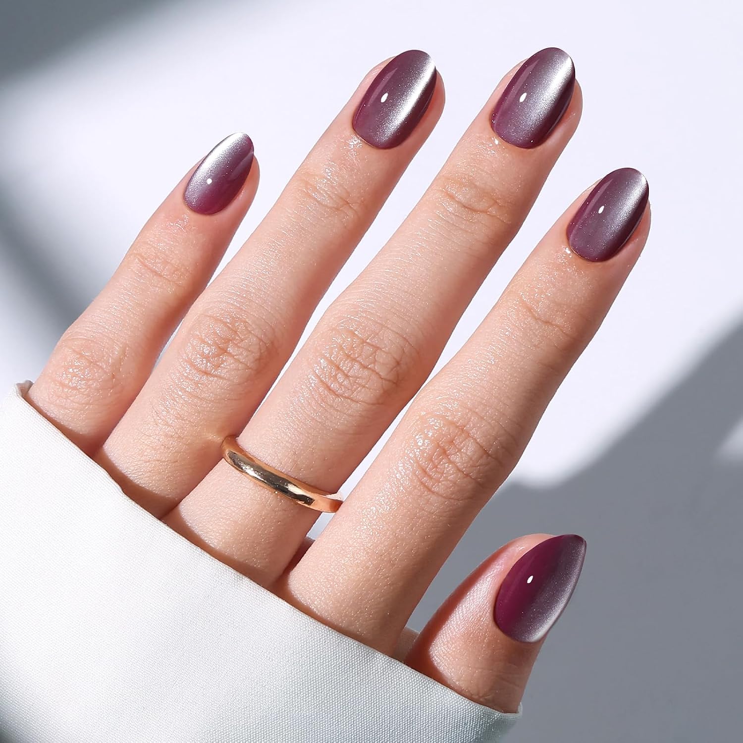 UÑAS POSTIZAS MODELONES PURPLE SILVER CAT EYE CORTAS OVALADAS - 1