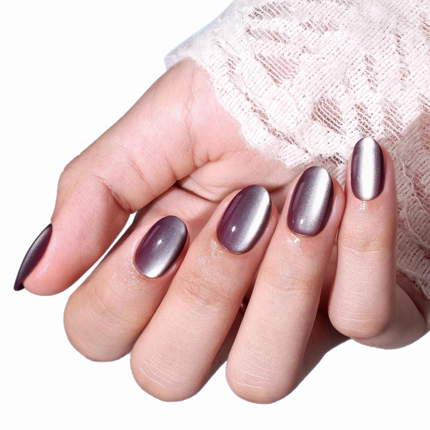 UÑAS POSTIZAS MODELONES PURPLE SILVER CAT EYE CORTAS OVALADAS - 2