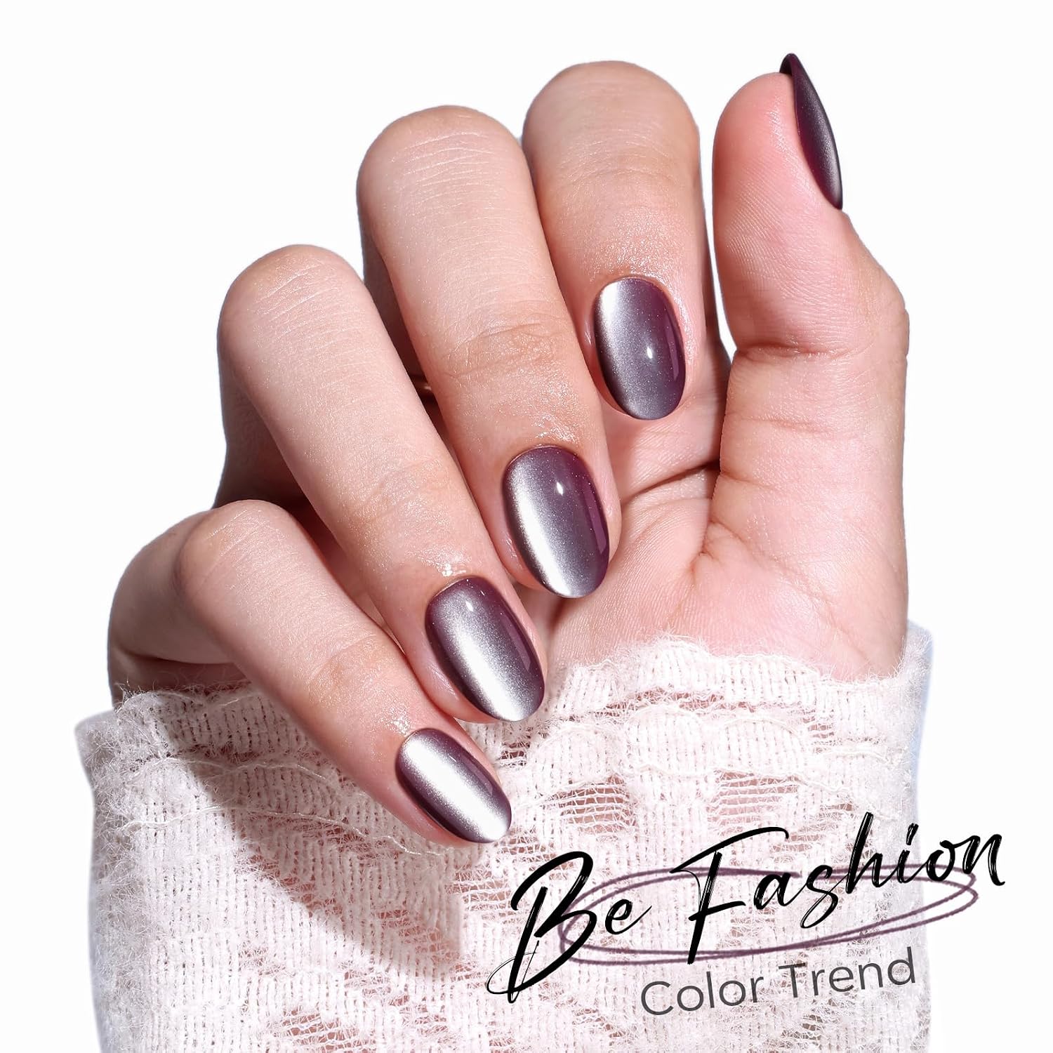 UÑAS POSTIZAS MODELONES PURPLE SILVER CAT EYE CORTAS OVALADAS - 3