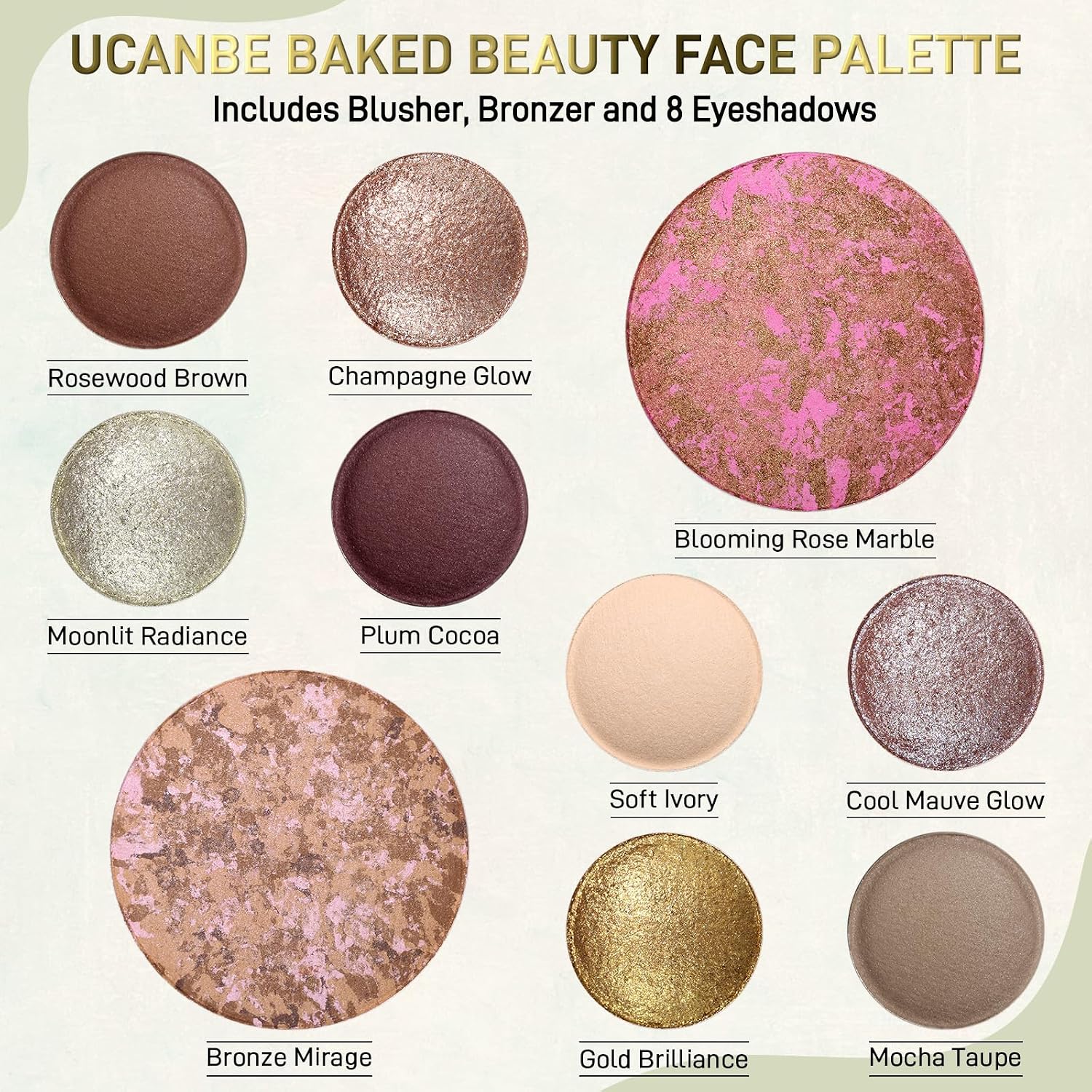 SET DE MAQUILLAJE UCANBE FULL SIZE BAKED PALETTE CON RUBOR, BRONZER, 8 SOMBRAS Y BROCHAS - 2