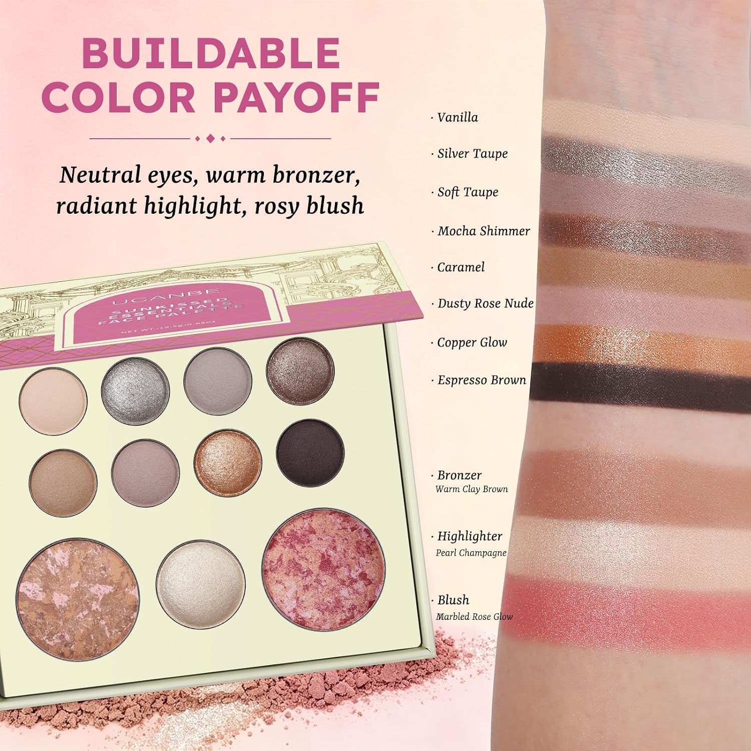SET DE MAQUILLAJE UCANBE BAKED PALETTE CON RUBOR, ILUMINADOR, BRONCEADOR, 8 SOMBRAS Y BROCHAS - 4