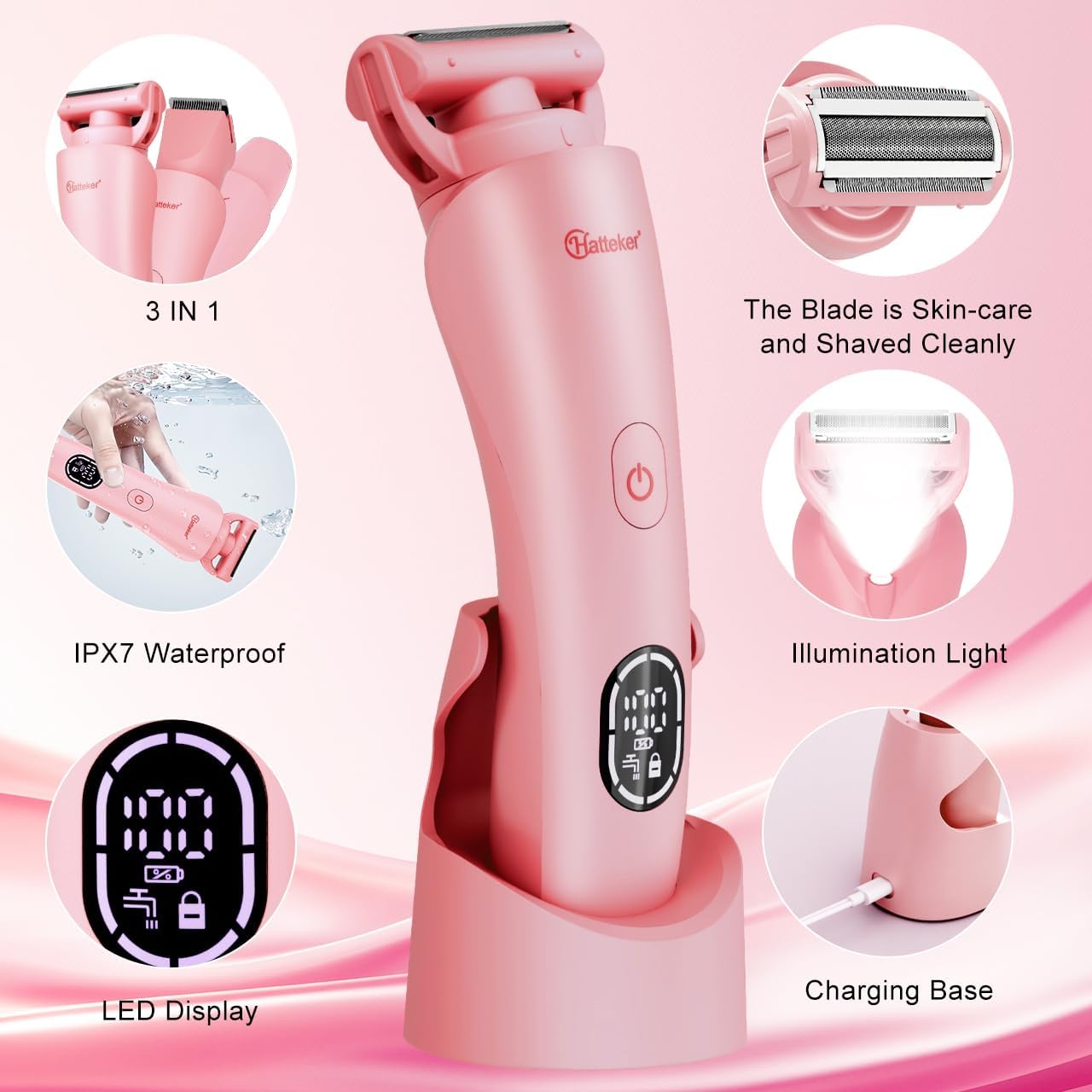 MÁQUINA PARA AFEITAR Y RECORTADORA BIKINI HATTEKER ELÉCTRICA PARA MUJER ROSA - 2