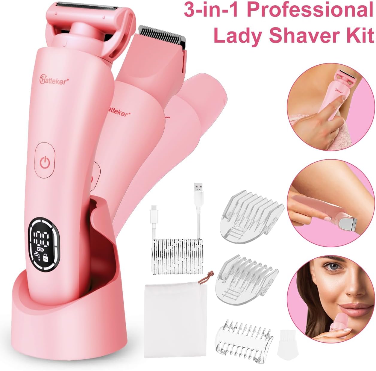 MÁQUINA PARA AFEITAR Y RECORTADORA BIKINI HATTEKER ELÉCTRICA PARA MUJER ROSA - 3