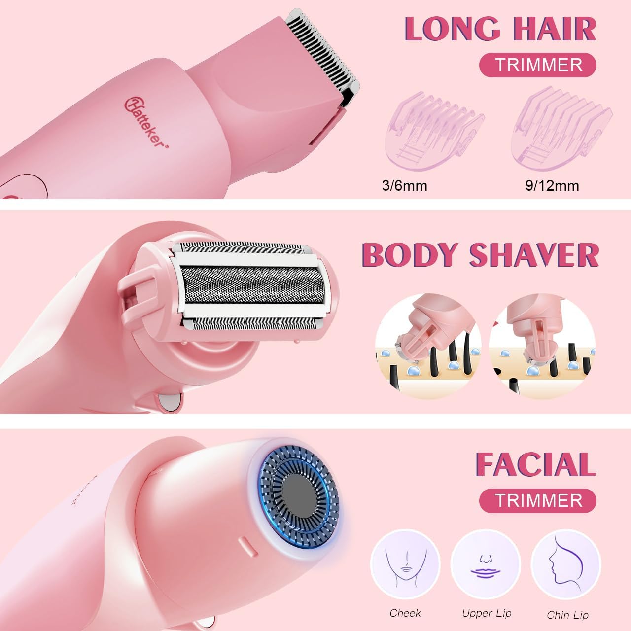 MÁQUINA PARA AFEITAR Y RECORTADORA BIKINI HATTEKER ELÉCTRICA PARA MUJER ROSA - 4