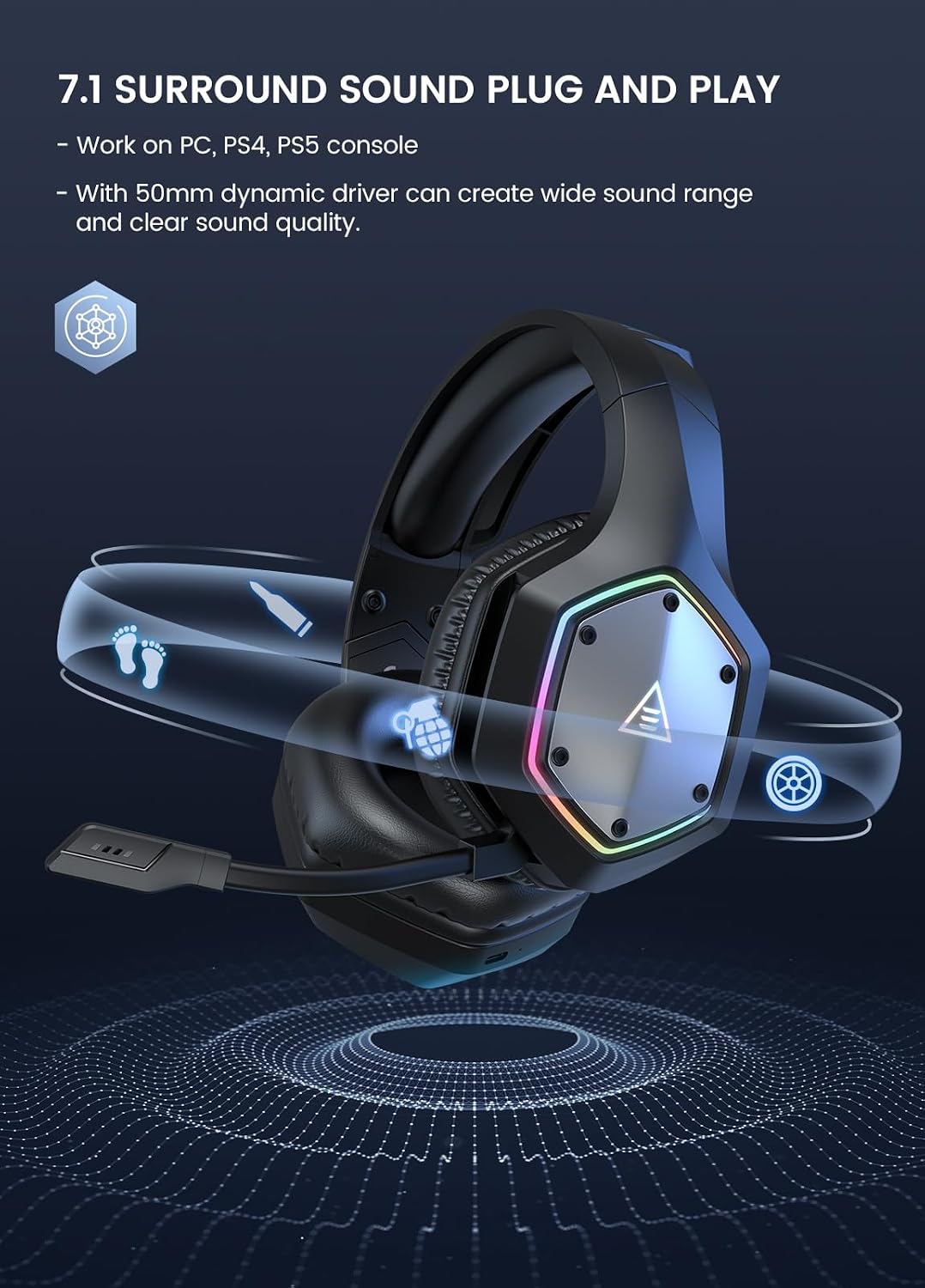 AUDÍFONOS GAMING INALÁMBRICOS EKSA E1000WT 2.4GHZ USB CON MICRÓFONO Y SONIDO 7.1 SURROUND - 2