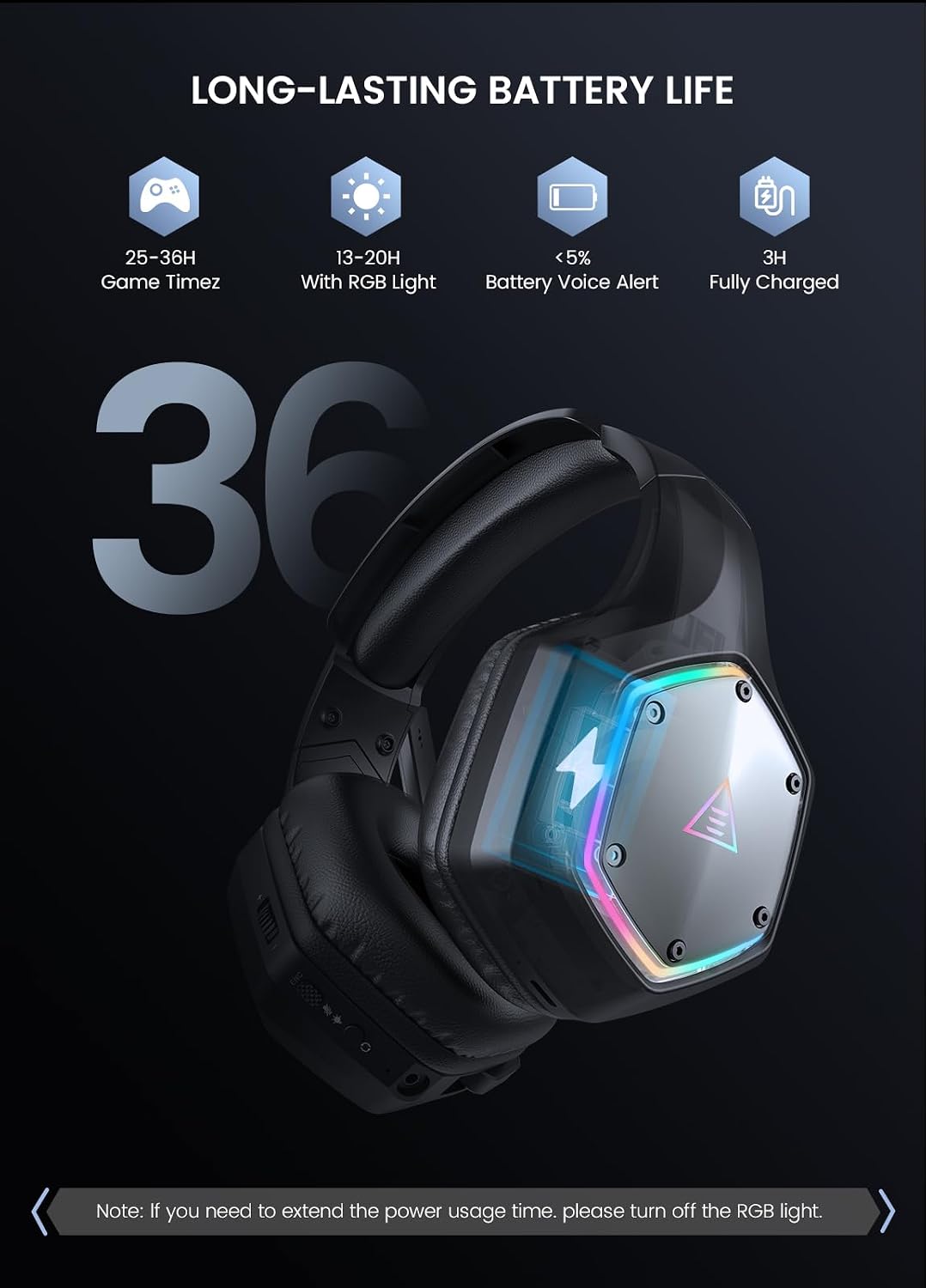 AUDÍFONOS GAMING INALÁMBRICOS EKSA E1000WT 2.4GHZ USB CON MICRÓFONO Y SONIDO 7.1 SURROUND - 5