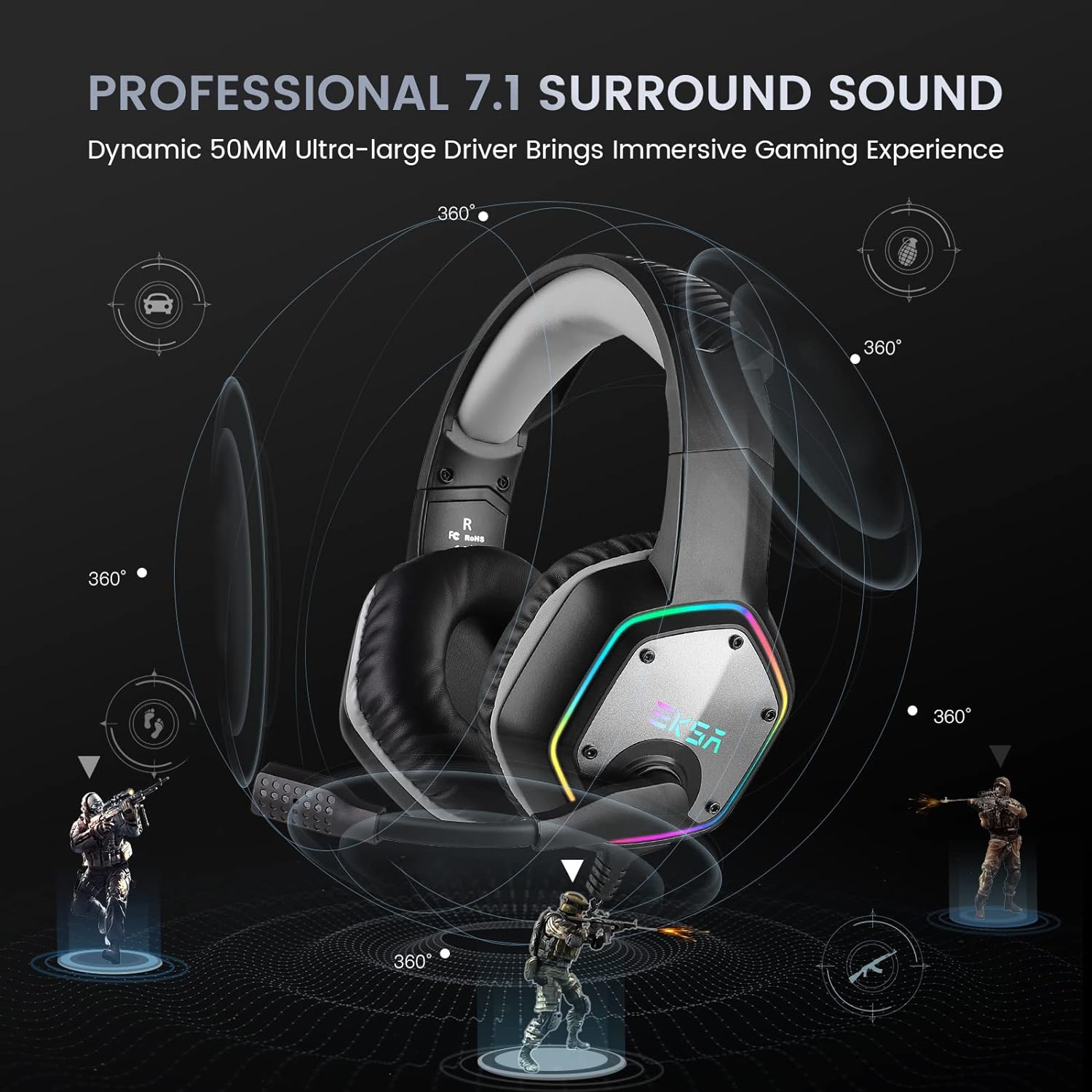 AUDÍFONOS GAMING EKSA E1000 USB CON MICRÓFONO Y SONIDO SURROUND 7.1 - 3