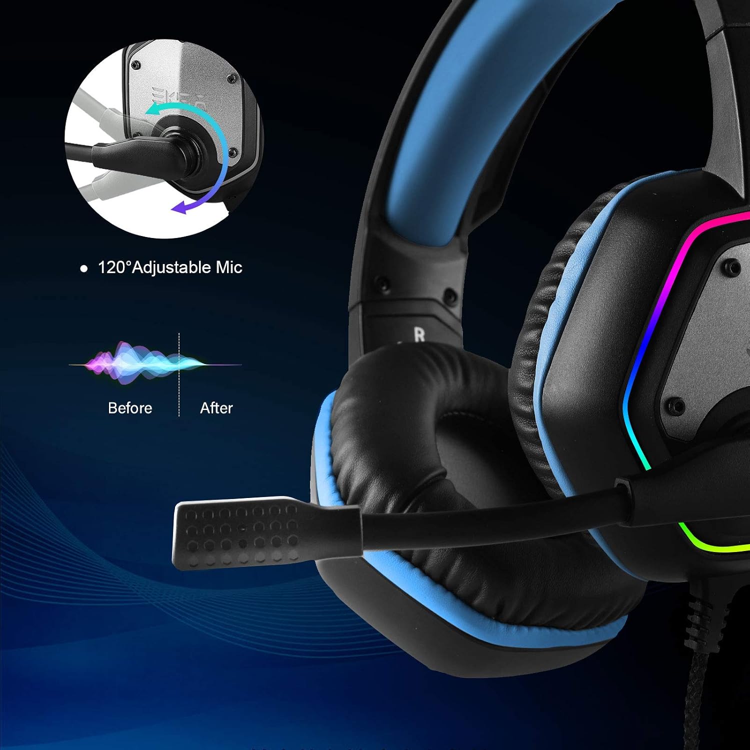 AUDÍFONOS GAMING EKSA E1000 USB AZUL CON MICRÓFONO CANCELADOR DE RUIDO Y SONIDO SURROUND 7.1 - 3