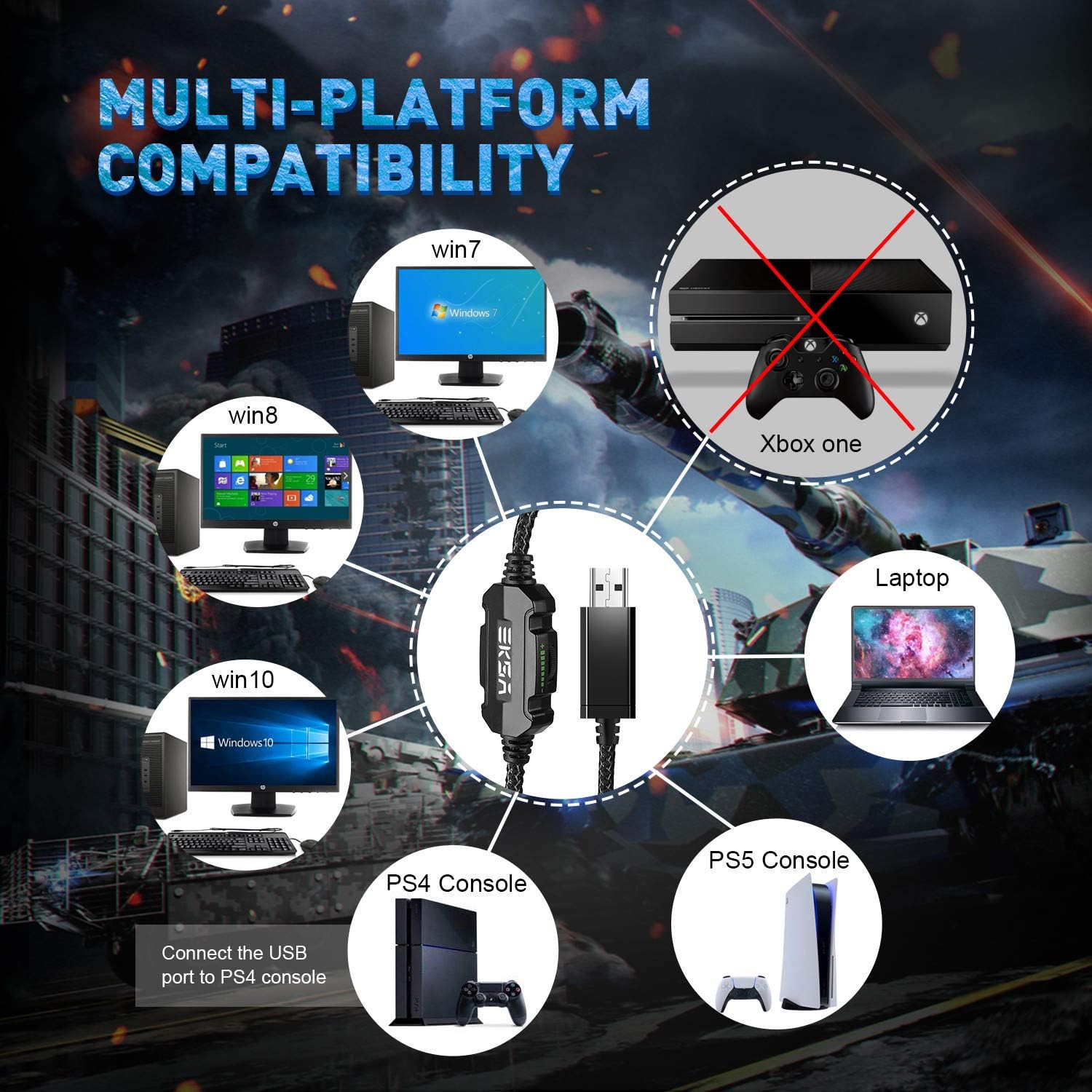 AUDÍFONOS GAMING EKSA E1000 USB AZUL CON MICRÓFONO CANCELADOR DE RUIDO Y SONIDO SURROUND 7.1 - 5