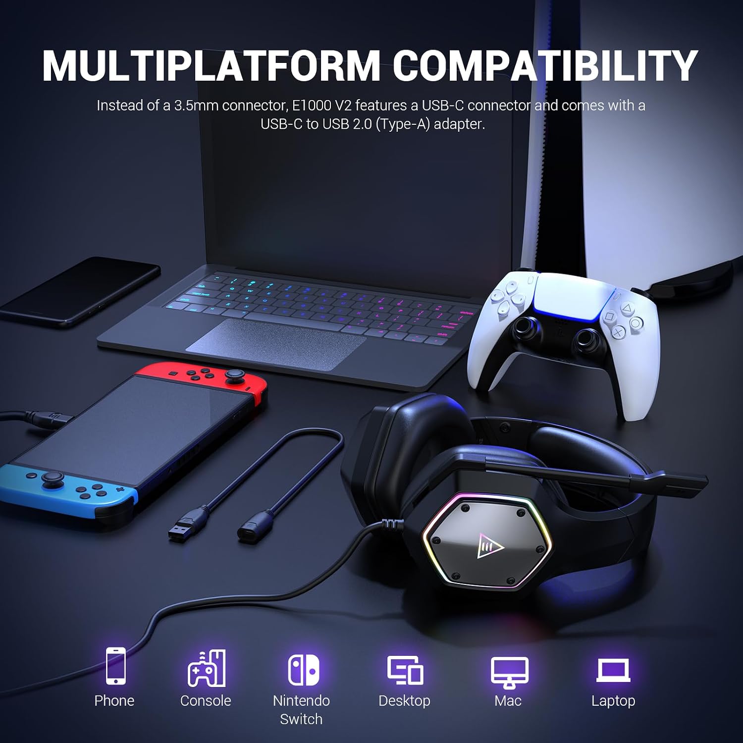 AUDÍFONOS GAMING EKSA E1000 V2 CON USB-C Y USB-A, MICRÓFONO CON CANCELACIÓN DE RUIDO, SONIDO 7.1, LUCES RGB - 2