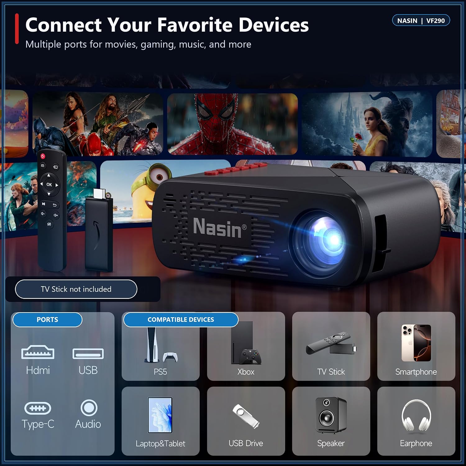 PROYECTOR PORTÁTIL NASIN VF290WF CON WIFI Y BLUETOOTH, ENTRADA 1080P - 5