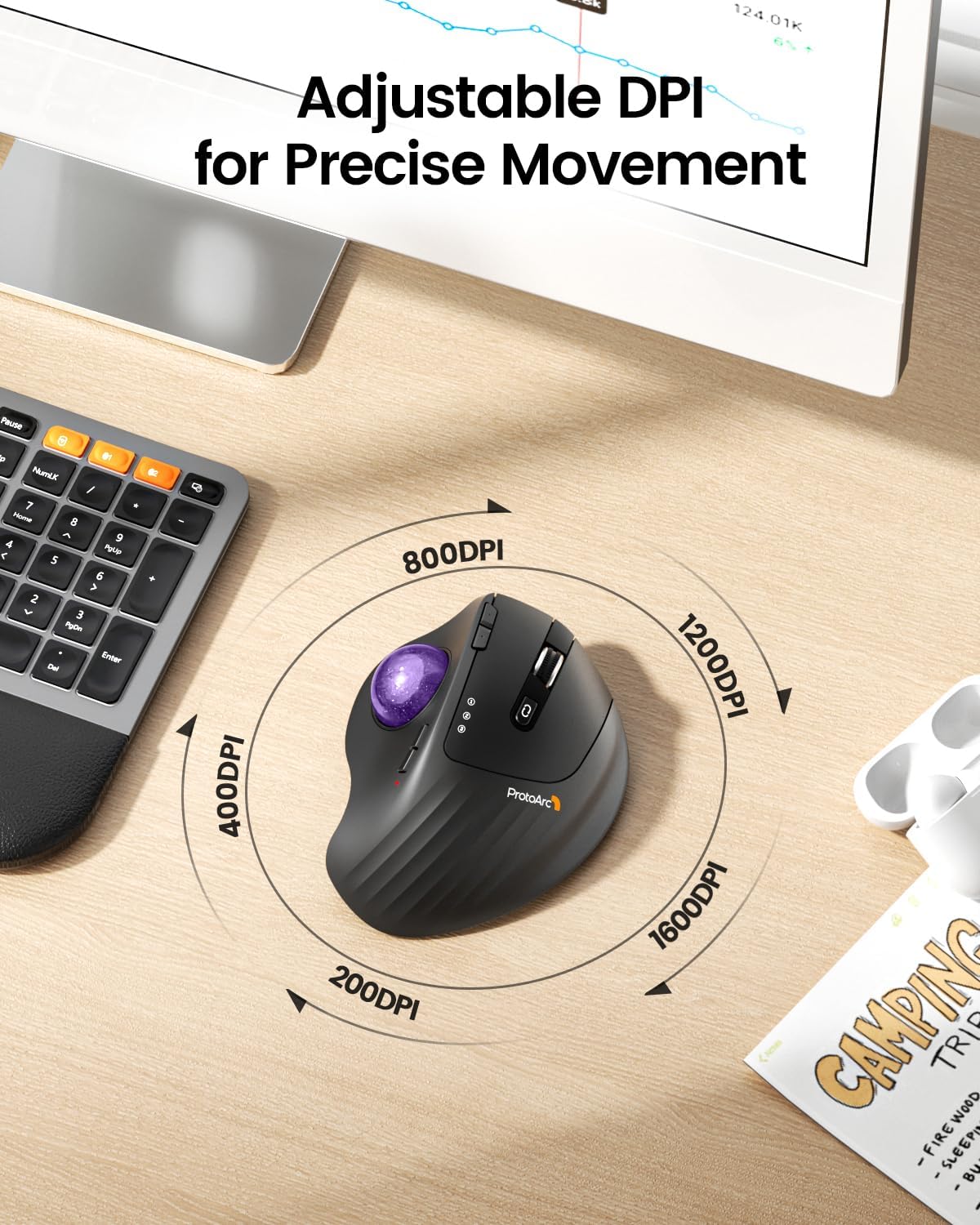 MOUSE TRACKBALL INALÁMBRICO PROTOARC EM01 NL CONTROL CON PULGAR MORADO - 5