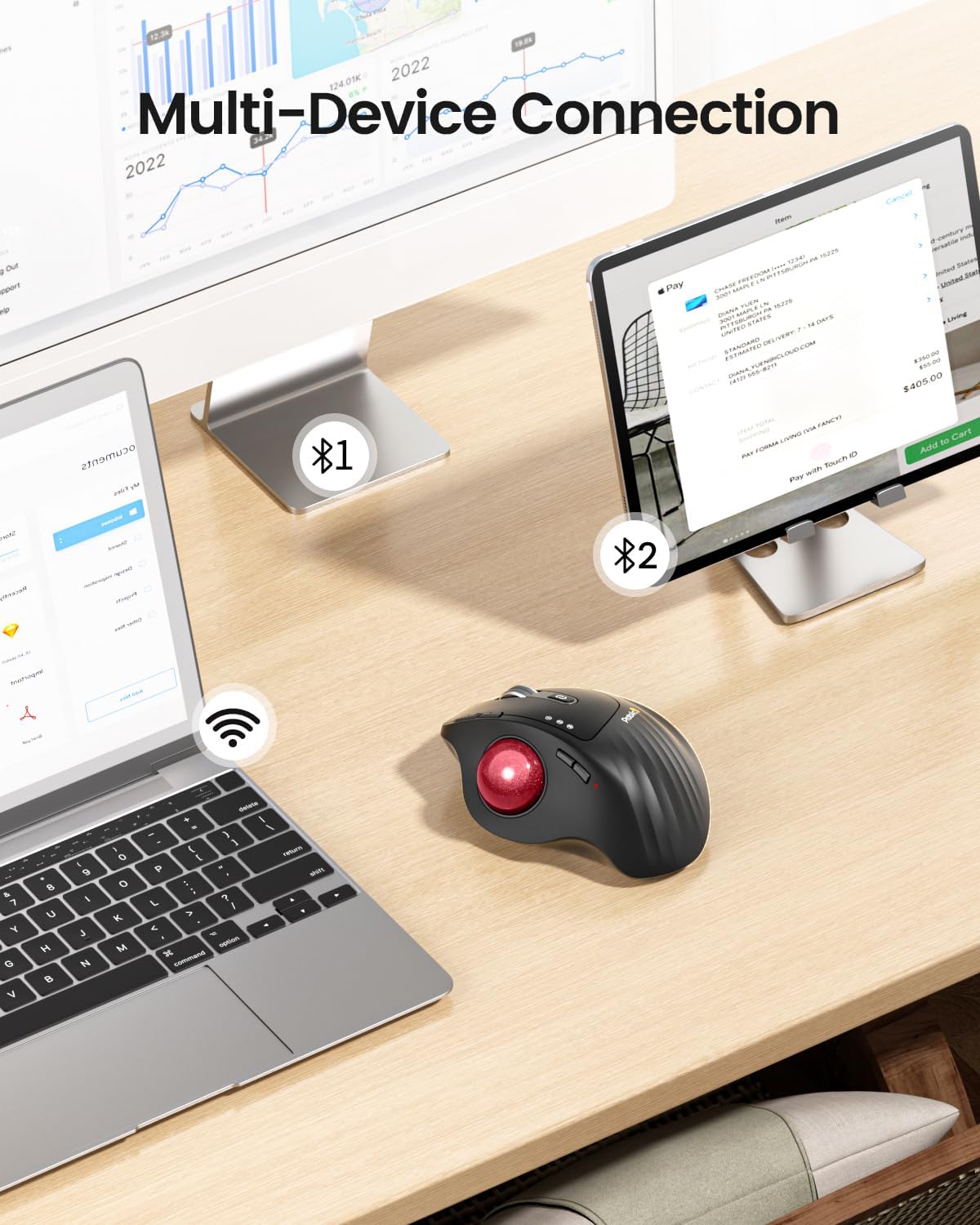 MOUSE TRACKBALL INALÁMBRICO PROTOARC EM01 NL RECARGABLE CONTROL CON PULGAR ROJO - 4
