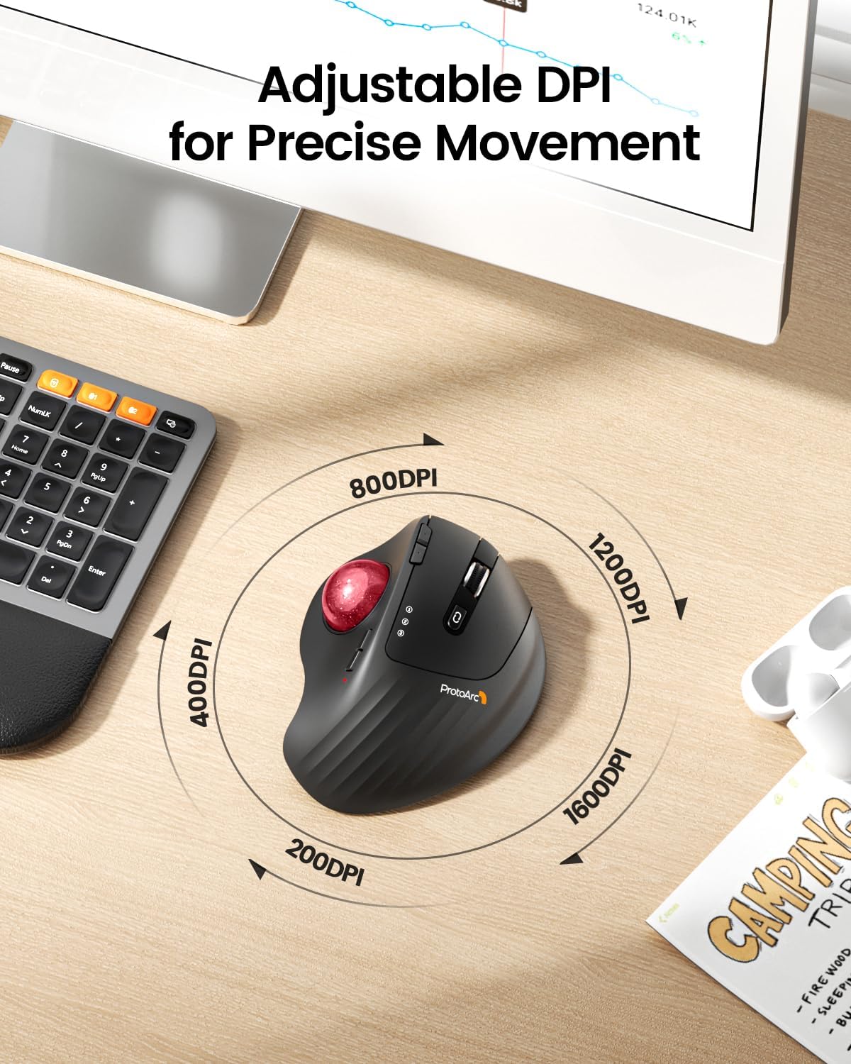 MOUSE TRACKBALL INALÁMBRICO PROTOARC EM01 NL RECARGABLE CONTROL CON PULGAR ROJO - 5