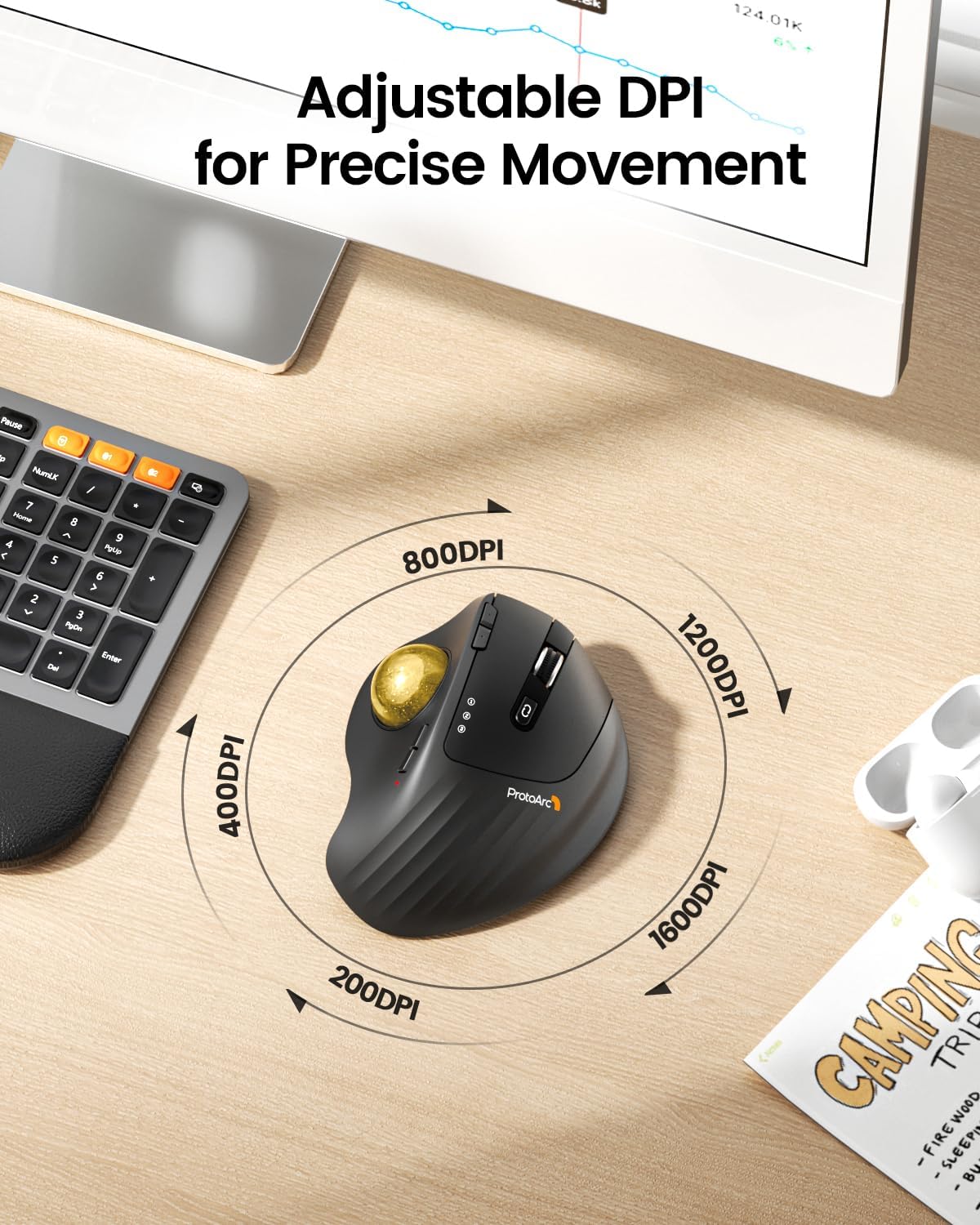 MOUSE TRACKBALL INALÁMBRICO PROTOARC EM01 NL RECARGABLE CONTROL CON PULGAR DORADO - 5