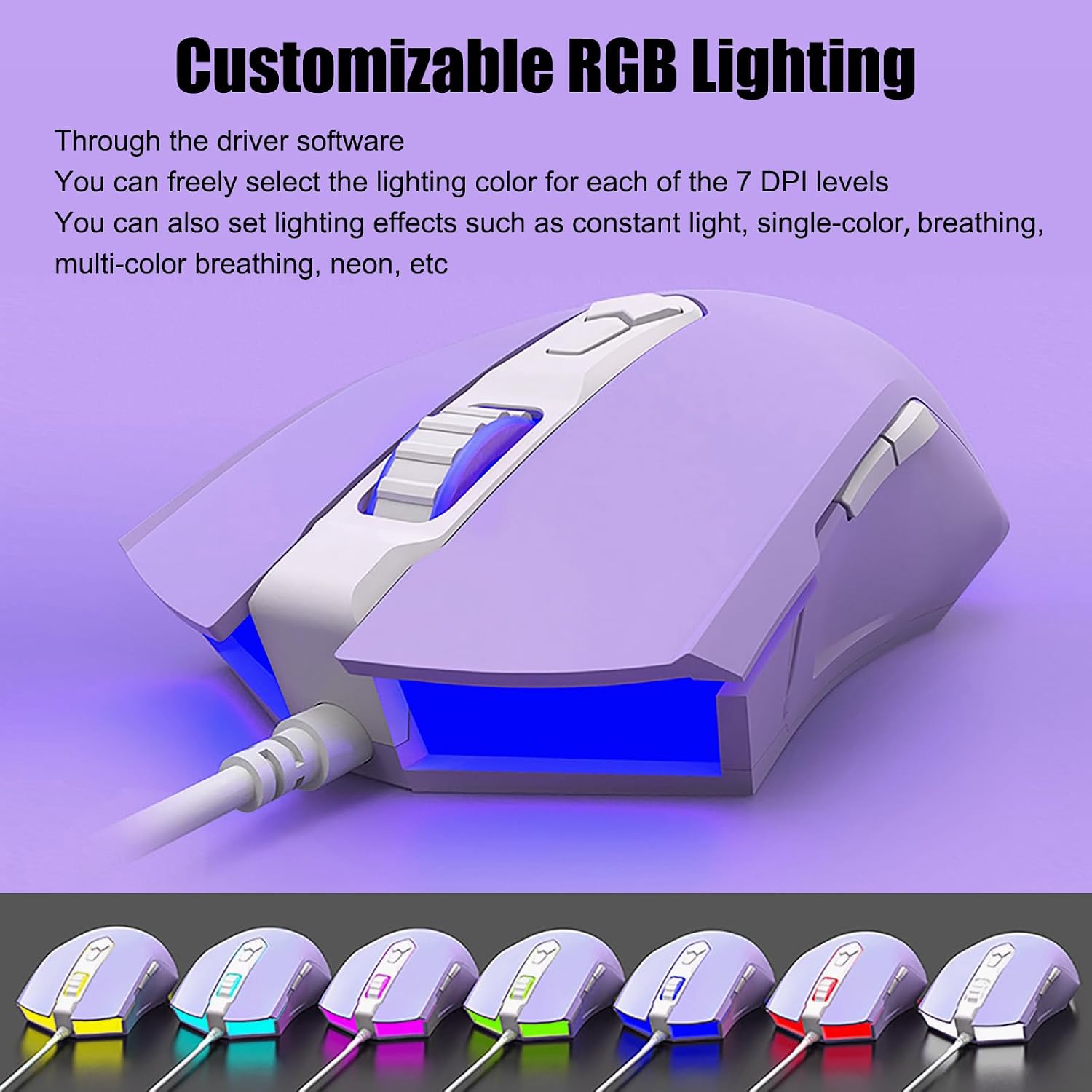 MOUSE PARA GAMING LOMILUSKR AJ52 RGB CABLEADO 7 BOTONES PROGRAMABLES 200-4800 DPI MORADO - 4