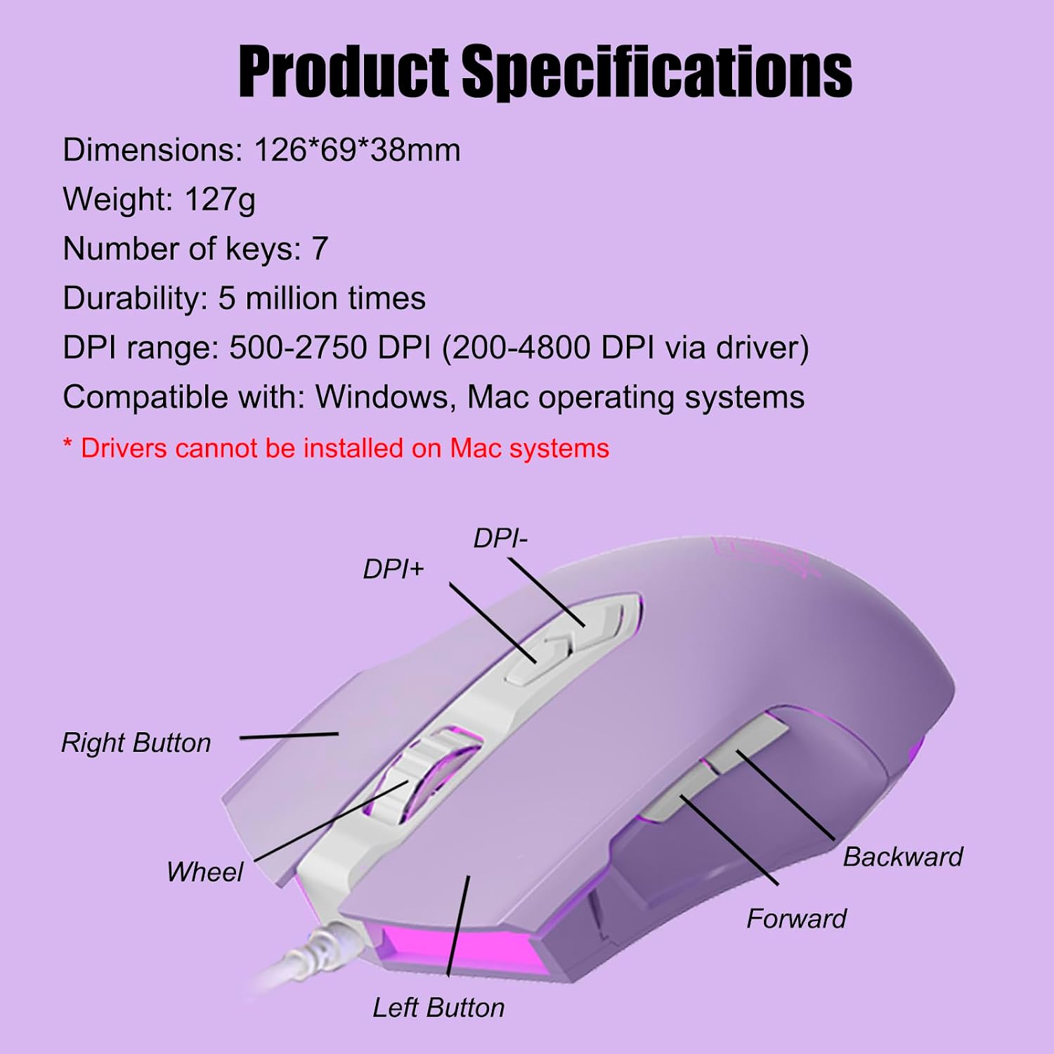 MOUSE PARA GAMING LOMILUSKR AJ52 RGB CABLEADO 7 BOTONES PROGRAMABLES 200-4800 DPI MORADO - 5