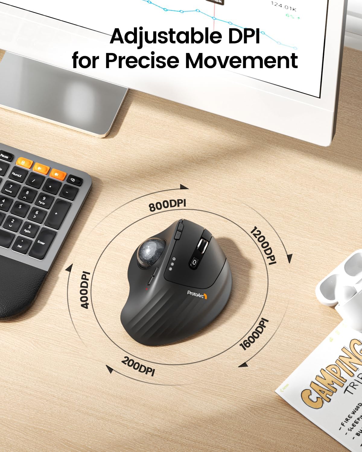 MOUSE TRACKBALL INALÁMBRICO PROTOARC EM01 NL GRIS - 5
