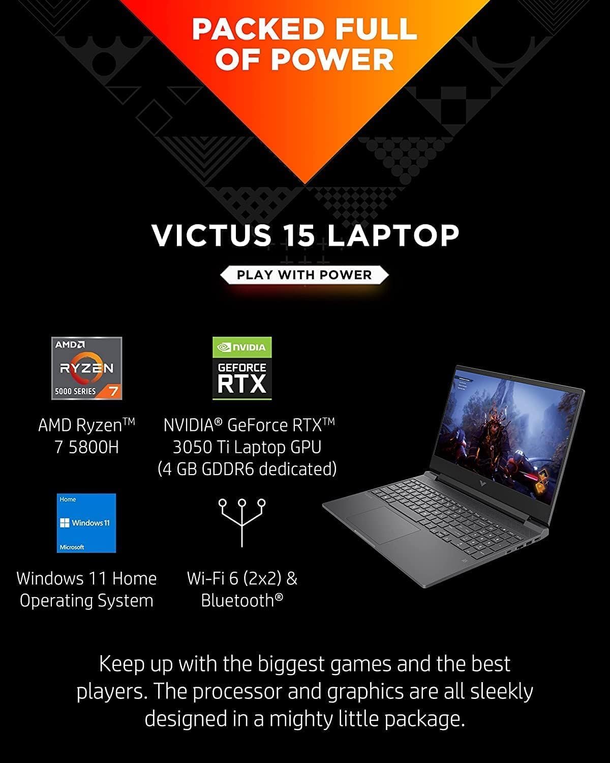 LAPTOP HP VICTUS 15T GAMING 15.6' FHD 144HZ RYZEN 7 5800H RTX 3050 TI 16GB 512GB SSD NEGRO RENOVADA - 2