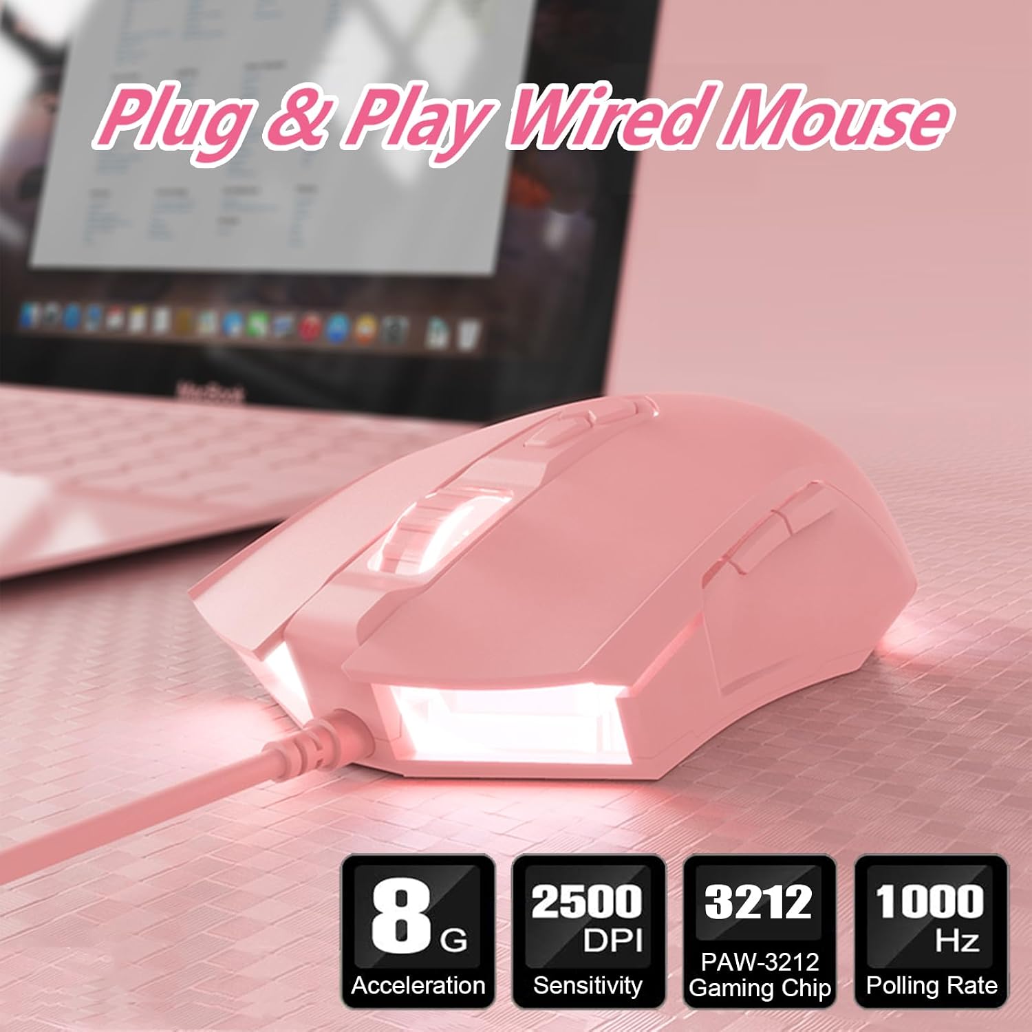 MOUSE GAMER LOMILUSKR AJ52 RGB CABLEADO 7 BOTONES 200-4800 DPI AJUSTABLE ROSA - 2