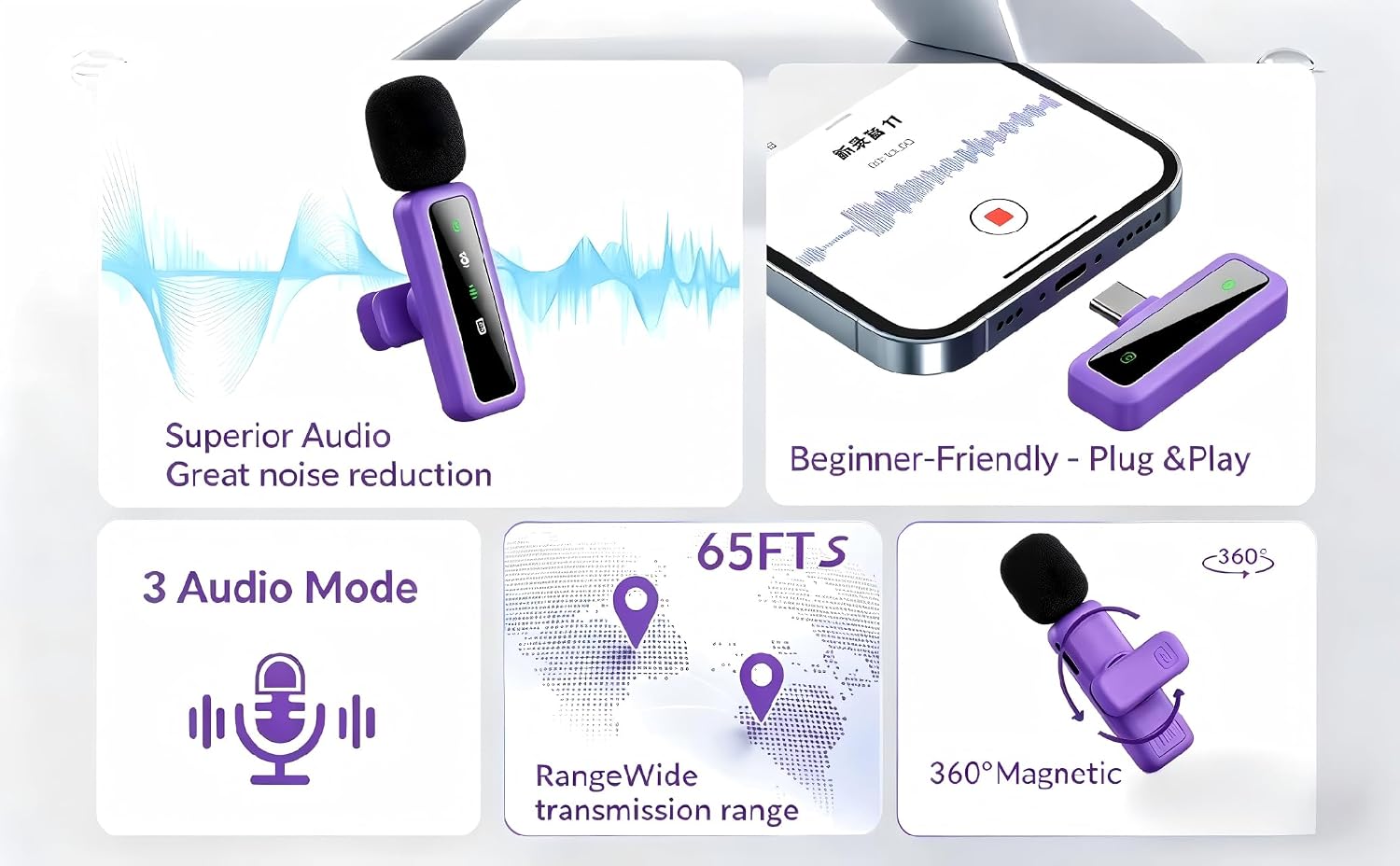 MICRÓFONO LAVALIER INALÁMBRICO ORDELE PARA IPHONE, ANDROID, PC MORADO - 3