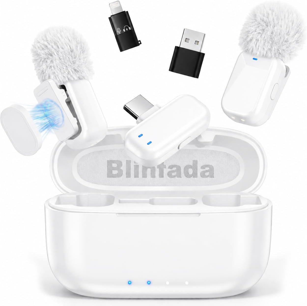 MICRÓFONO LAVALIER INALÁMBRICO BLINFADA MINI 2 BLANCO CON CANCELACIÓN DE RUIDO Y ESTUCHE DE CARGA - 1