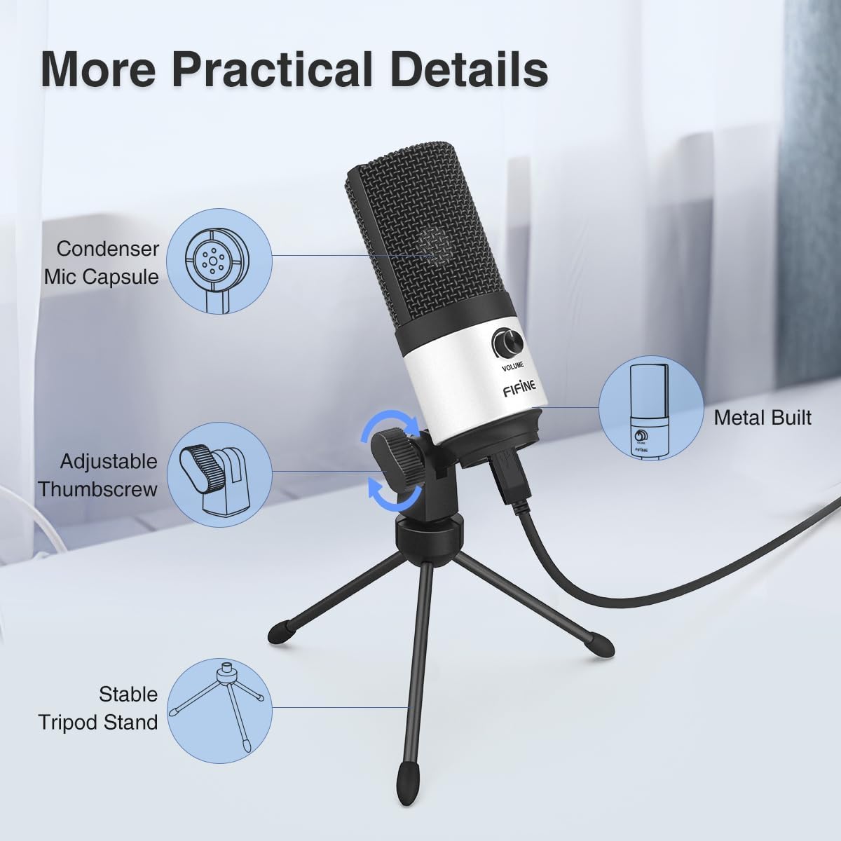 MICRÓFONO DE ESCRITORIO USB FIFINE K669 BLANCO PARA GRABACIÓN Y REUNIONES ONLINE - 5