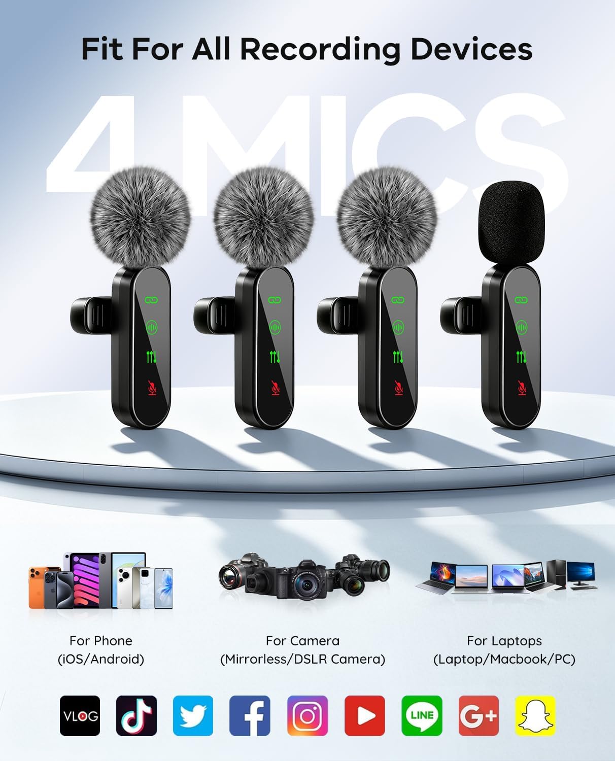 MICRÓFONO LAVALIER INALÁMBRICO GICORINO 4 UNIDADES PARA IPHONE Y ANDROID - 3