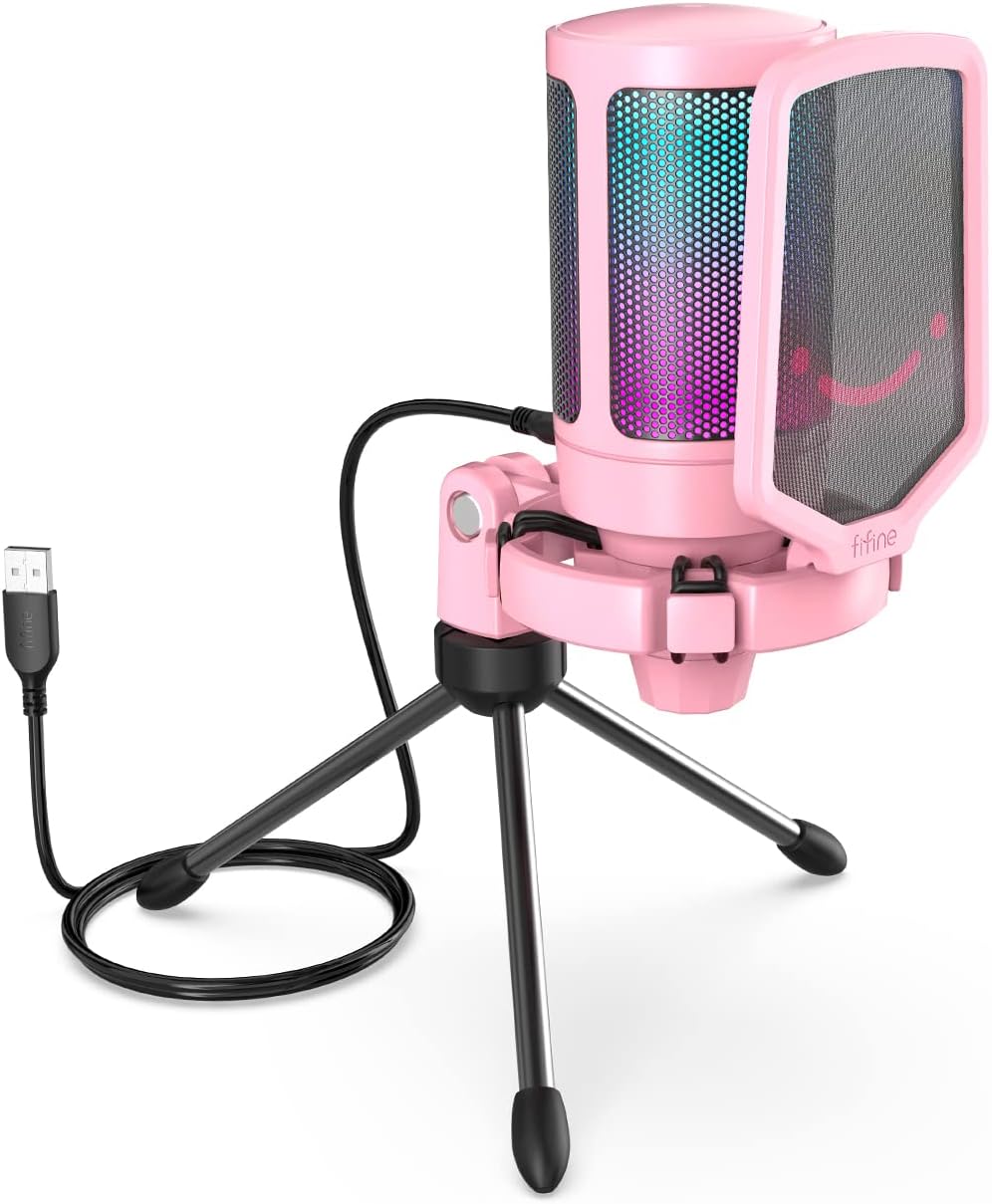 MICRÓFONO USB PARA GAMING FIFINE AMPLIGAME PINK CON CONDENSADOR Y LUCES RGB - 1