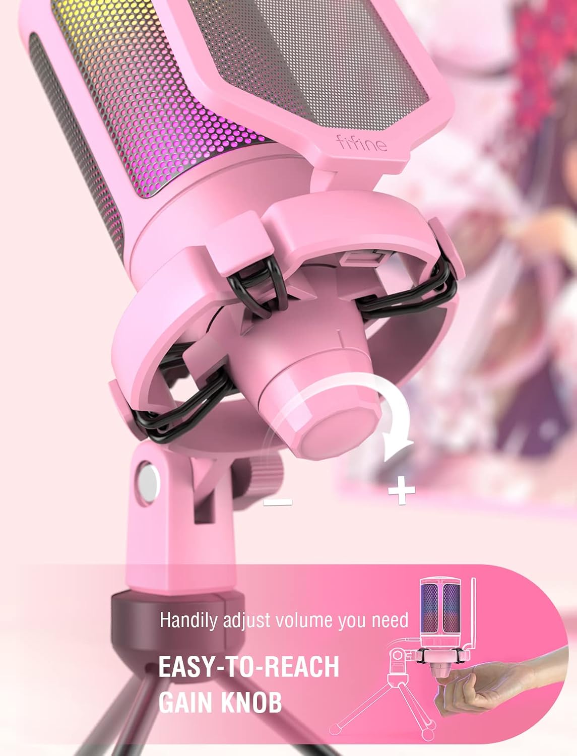 MICRÓFONO USB PARA GAMING FIFINE AMPLIGAME PINK CON CONDENSADOR Y LUCES RGB - 3