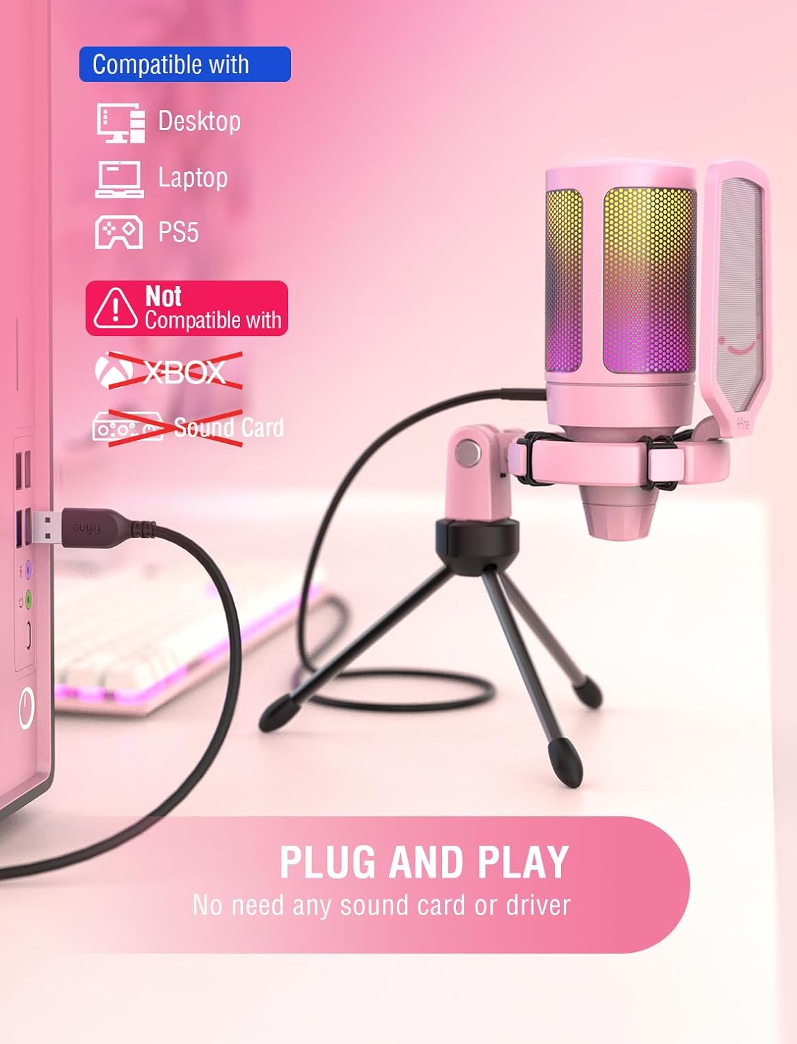 MICRÓFONO USB PARA GAMING FIFINE AMPLIGAME PINK CON CONDENSADOR Y LUCES RGB - 5