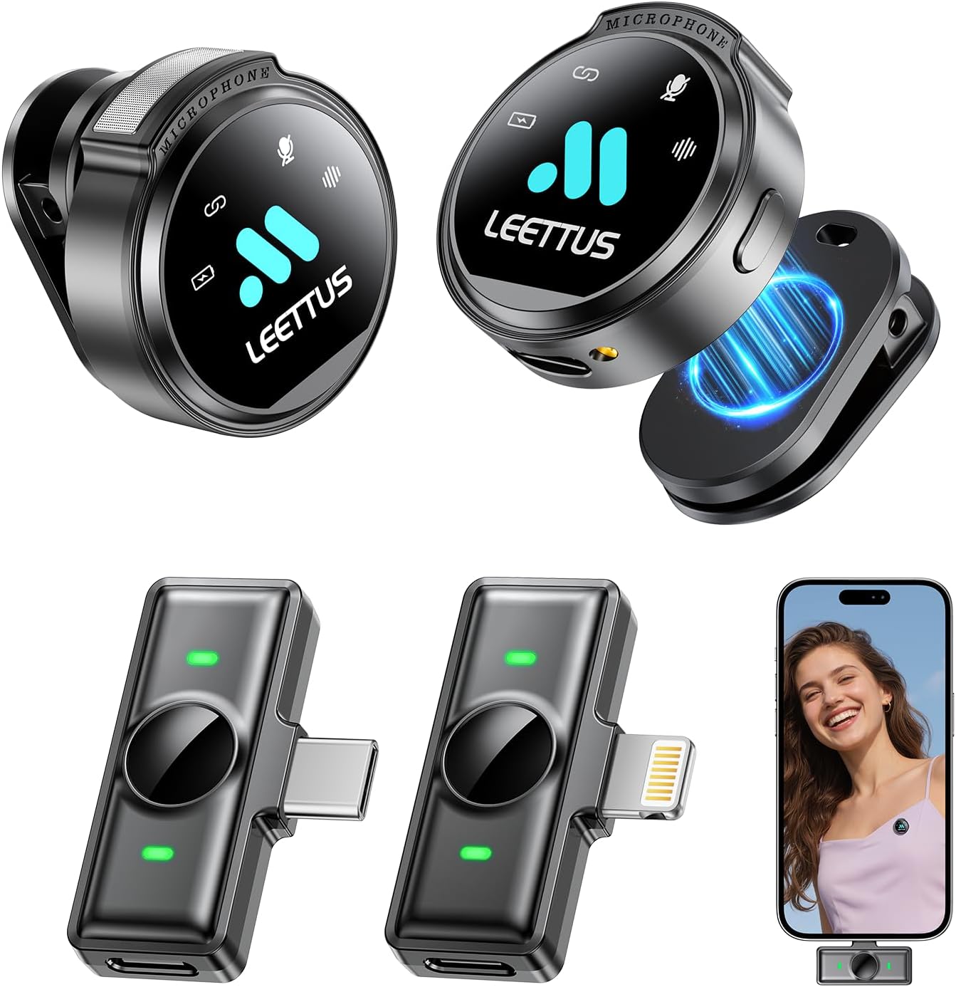 MICRÓFONO LAVALIER INALÁMBRICO LEETTUS CON DOBLE RECEPTOR PARA IPHONE Y ANDROID NEGRO - 1