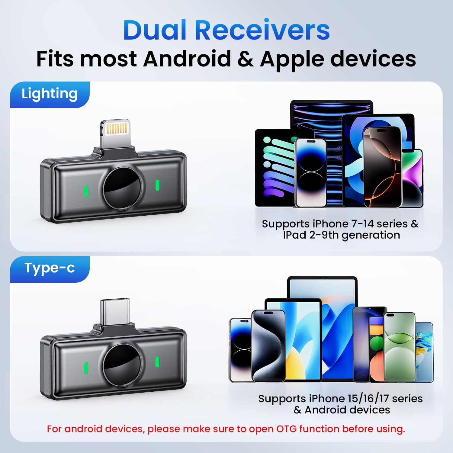 MICRÓFONO LAVALIER INALÁMBRICO LEETTUS CON DOBLE RECEPTOR PARA IPHONE Y ANDROID NEGRO - 4