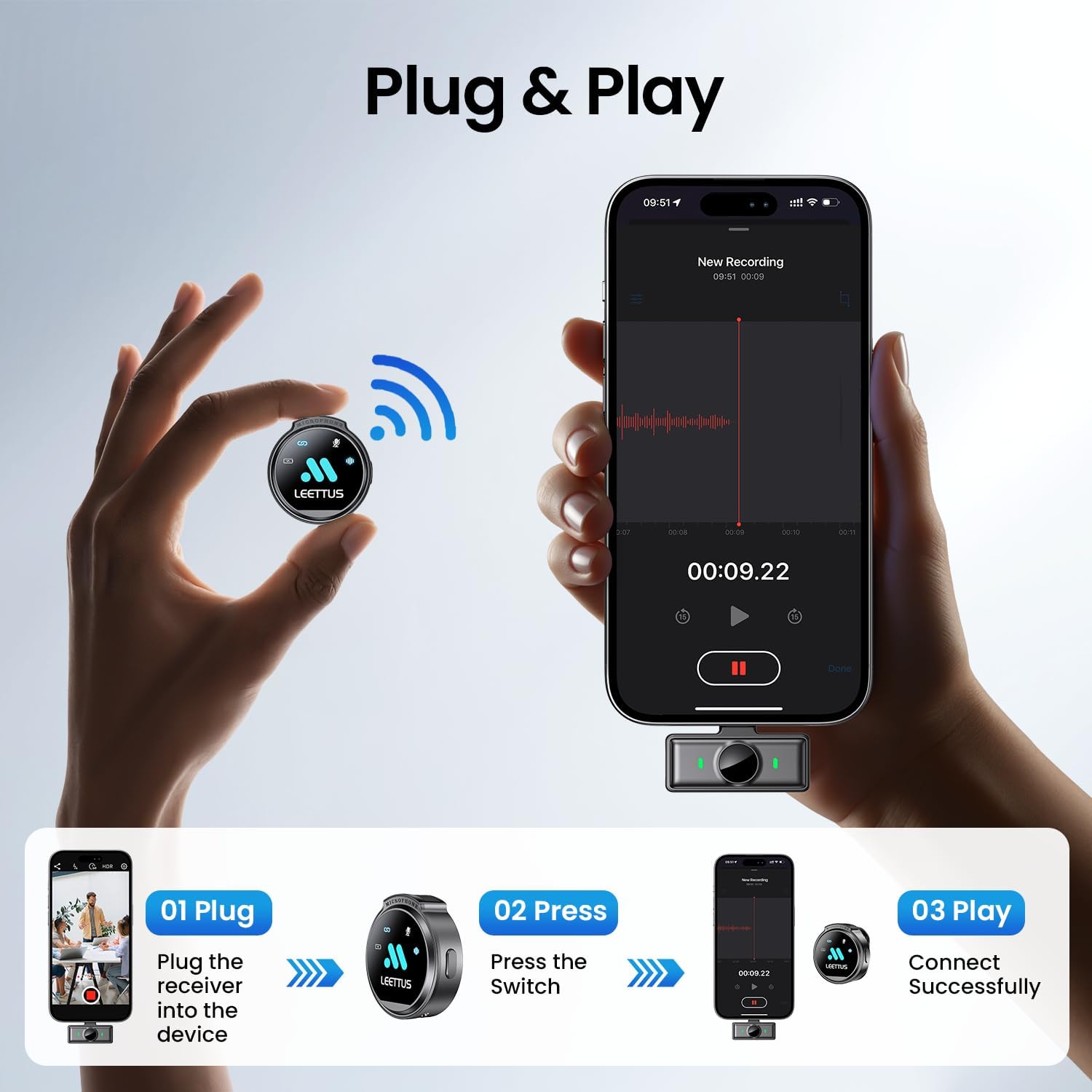 MICRÓFONO LAVALIER INALÁMBRICO LEETTUS CON DOBLE RECEPTOR PARA IPHONE Y ANDROID NEGRO - 5