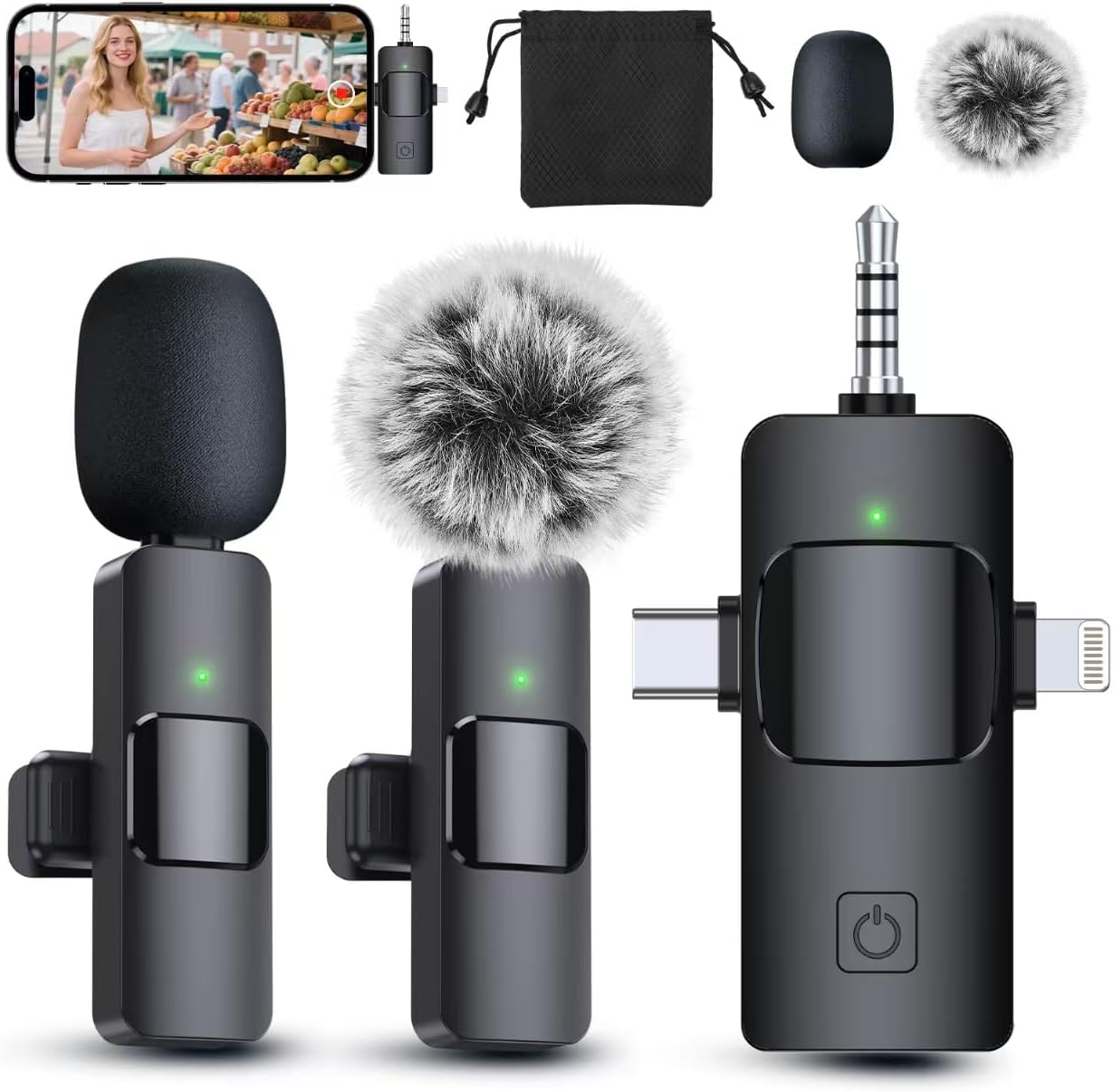 MICRÓFONO LAVALIER INALÁMBRICO PROFESIONAL PQRQP 3 EN 1 NEGRO - 1