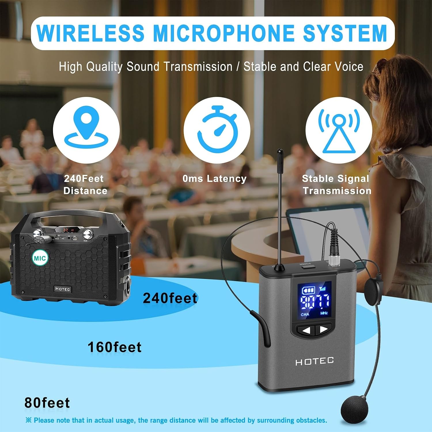 MICRÓFONO INALÁMBRICO HOTEC SISTEMA DUAL CON MICRÓFONOS DE DIADEMA Y SOLAPA, RECEPTOR RECARGABLE, SALIDA 1/4' - 3