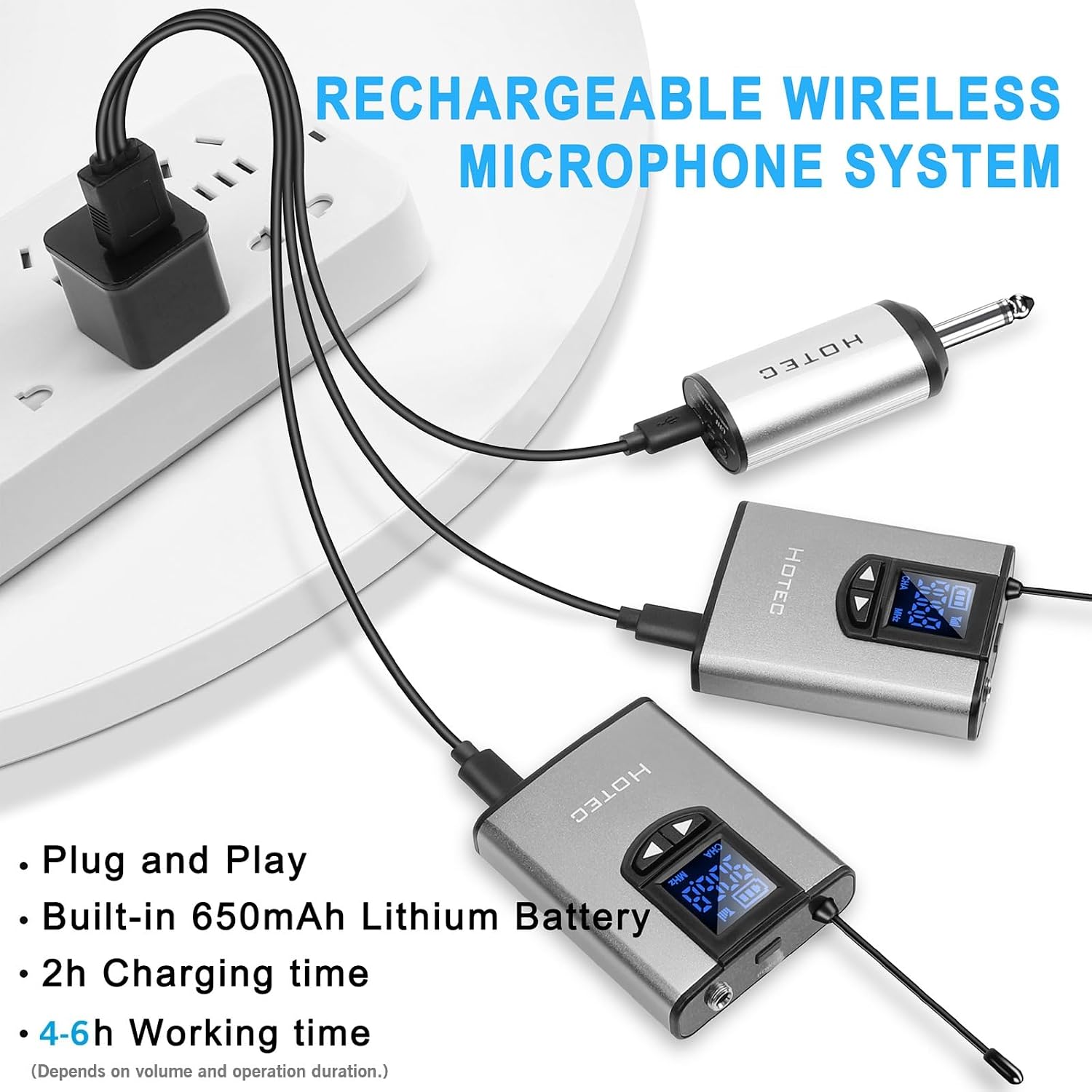 MICRÓFONO INALÁMBRICO HOTEC SISTEMA DUAL CON MICRÓFONOS DE DIADEMA Y SOLAPA, RECEPTOR RECARGABLE, SALIDA 1/4' - 5