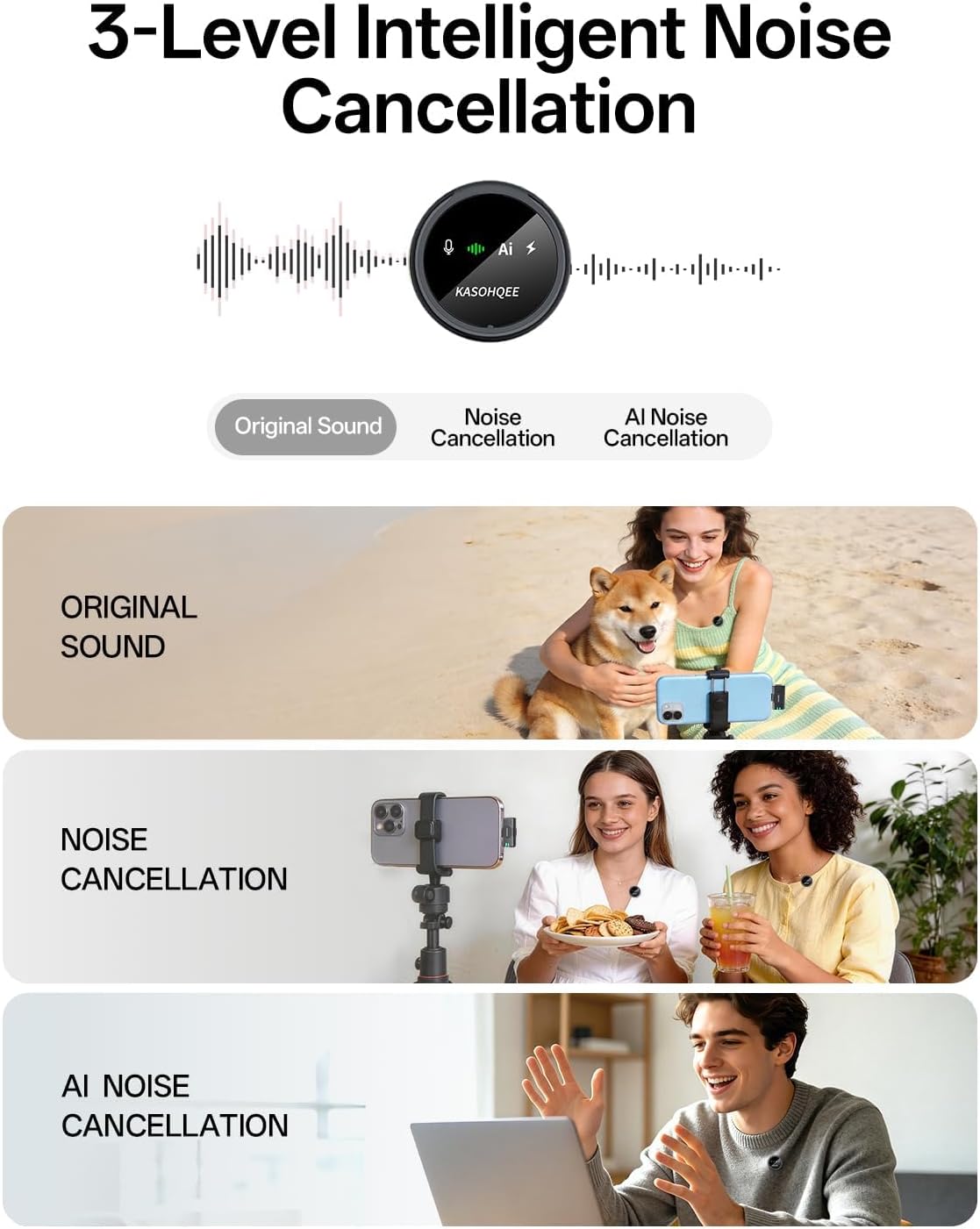 MICRÓFONO LAVALIER INALÁMBRICO KASOHQEE PARA IPHONE, IPAD Y ANDROID - 3