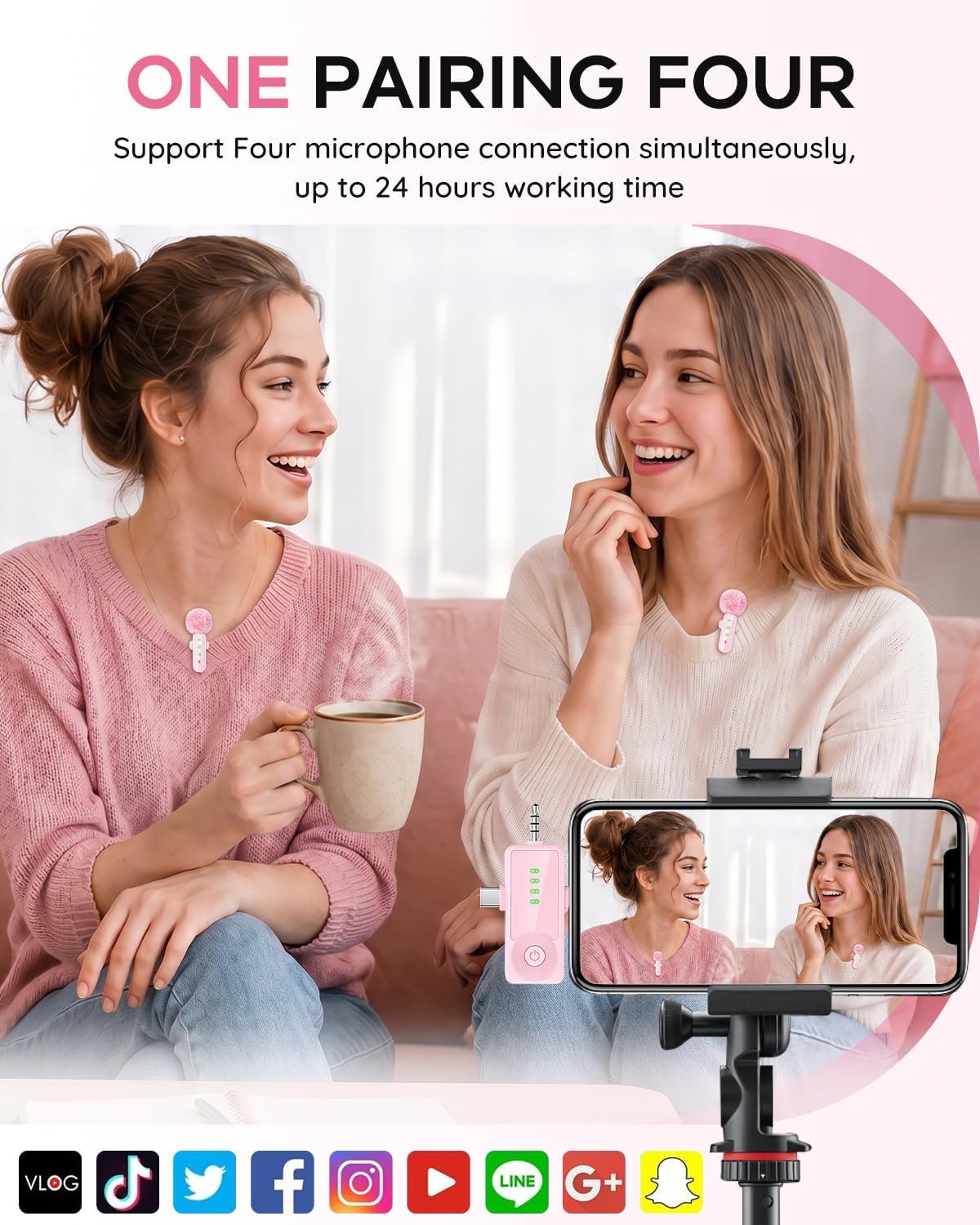 MICRÓFONO LAVALIER INALÁMBRICO GICORINO 4 UNIDADES ROSA - 4