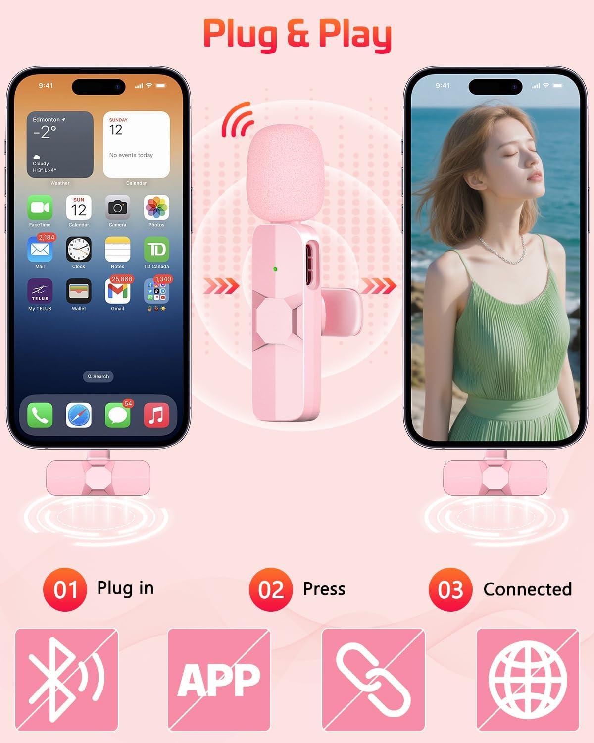 MICRÓFONO LAVALIER INALÁMBRICO HONGJIEYUAN ROSA PARA IPHONE Y ANDROID - 3