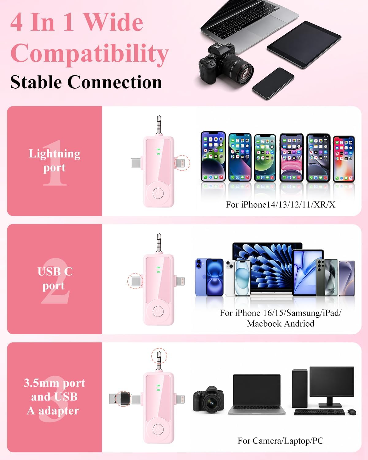 MICRÓFONO INALÁMBRICO 4 EN 1 APOMOV PARA IPHONE, ANDROID, CÁMARA, LAPTOP Y PC - 3
