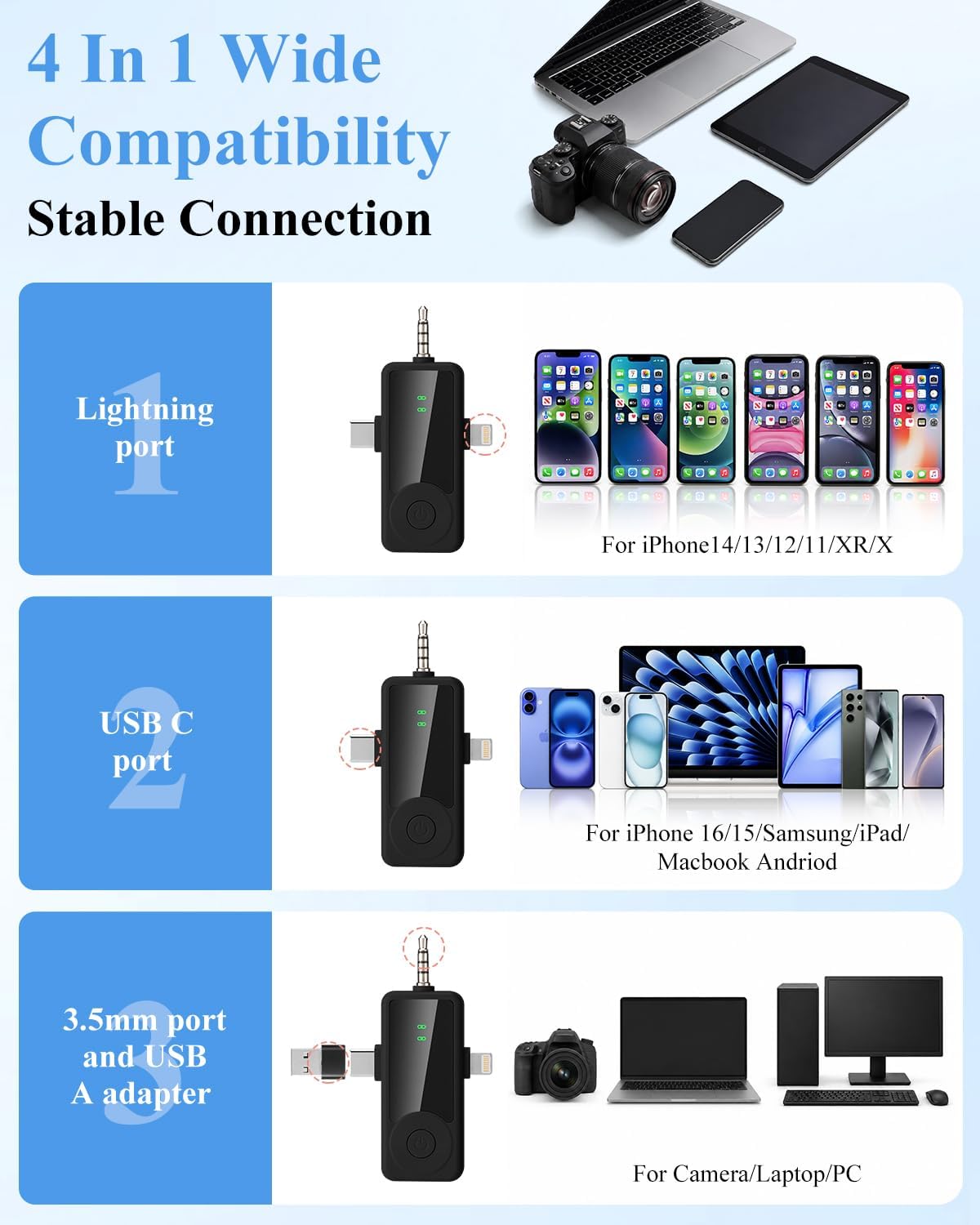 MICRÓFONO INALÁMBRICO 4 EN 1 APOMOV PARA IPHONE, ANDROID, CÁMARA, LAPTOP Y PC - 3