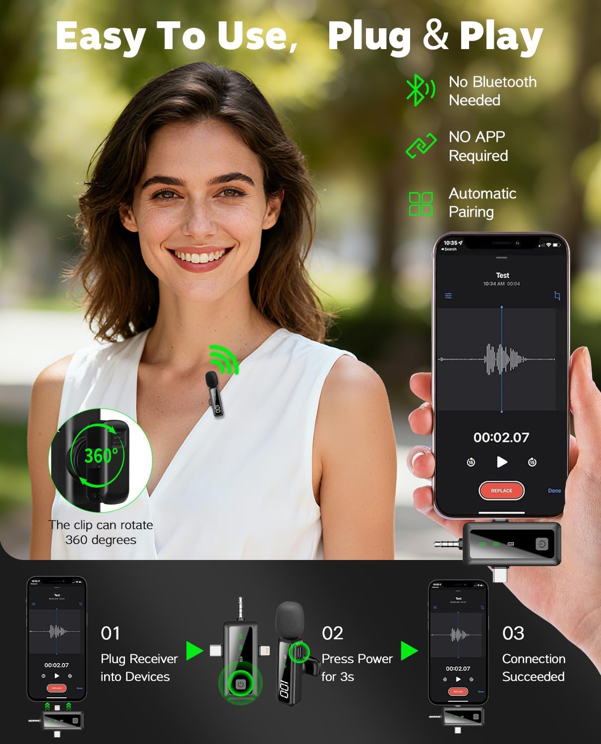 MICRÓFONO LAVALIER INALÁMBRICO GICORINO PARA IPHONE, ANDROID Y CÁMARA COLOR NEGRO - 2