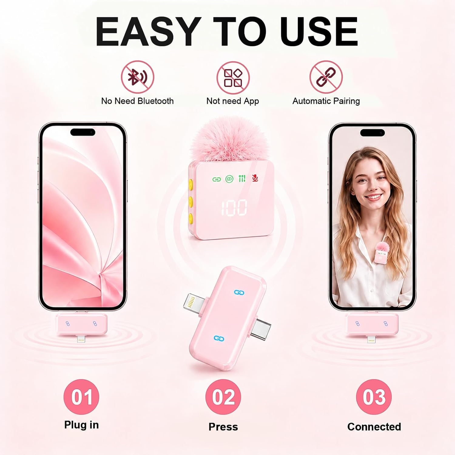 MICRÓFONOS LAVALIER INALÁMBRICOS SHUMAVA 2 UNIDADES ROSA CON ESTUCHE DE CARGA - 3