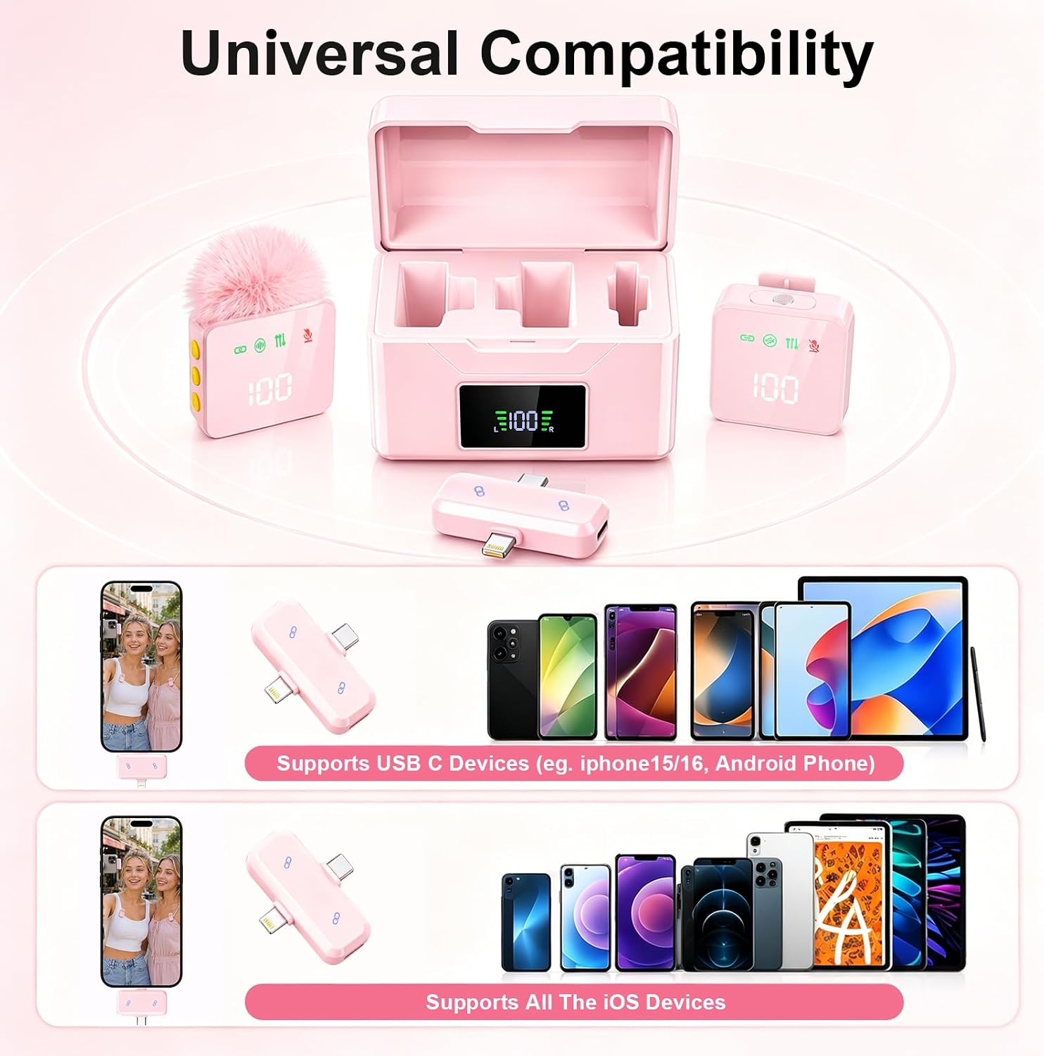 MICRÓFONOS LAVALIER INALÁMBRICOS SHUMAVA 2 UNIDADES ROSA CON ESTUCHE DE CARGA - 4