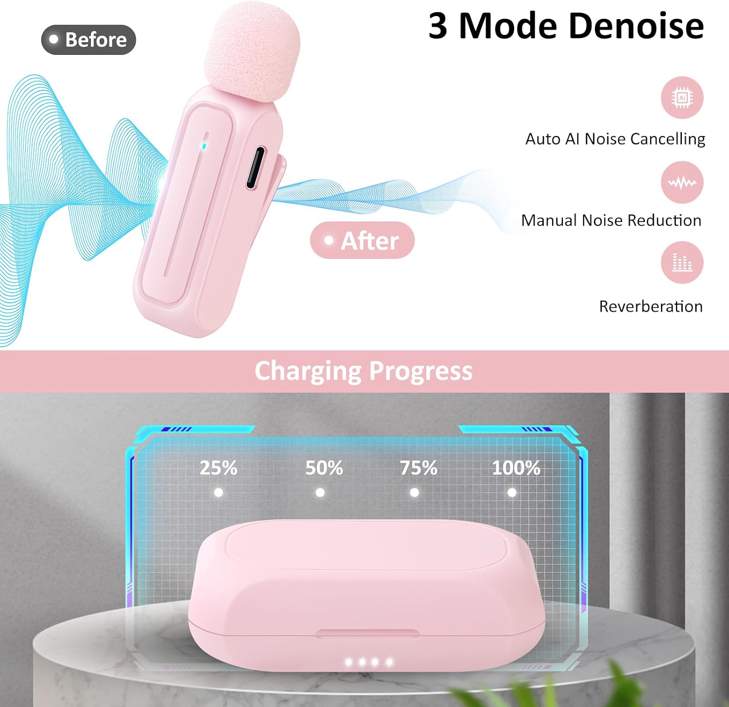 MICRÓFONO LAVALIER INALÁMBRICO ECOMXIA WM300 2 UNIDADES ROSA CON ESTUCHE DE CARGA - 2