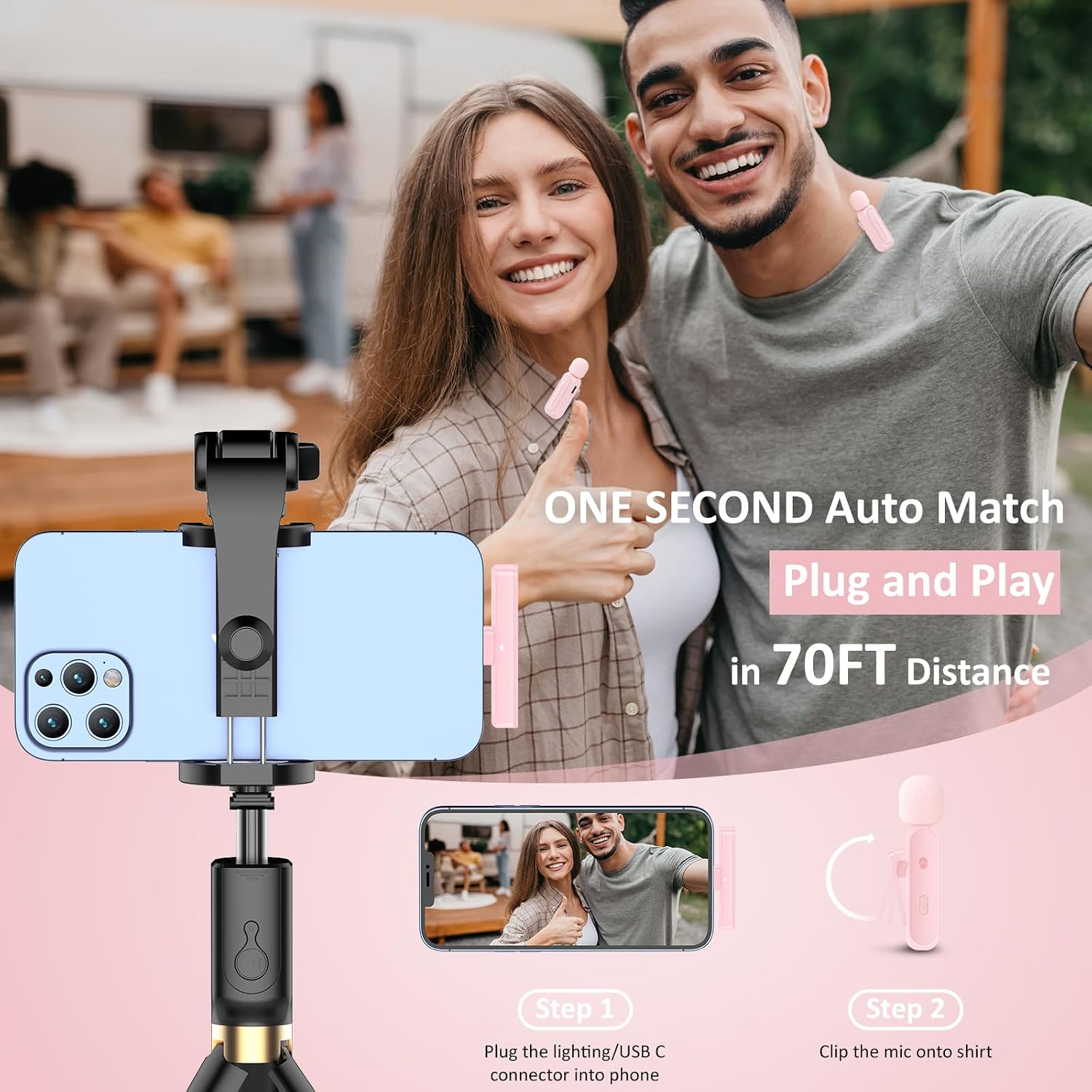 MICRÓFONO LAVALIER INALÁMBRICO ECOMXIA WM300 2 UNIDADES ROSA CON ESTUCHE DE CARGA - 3