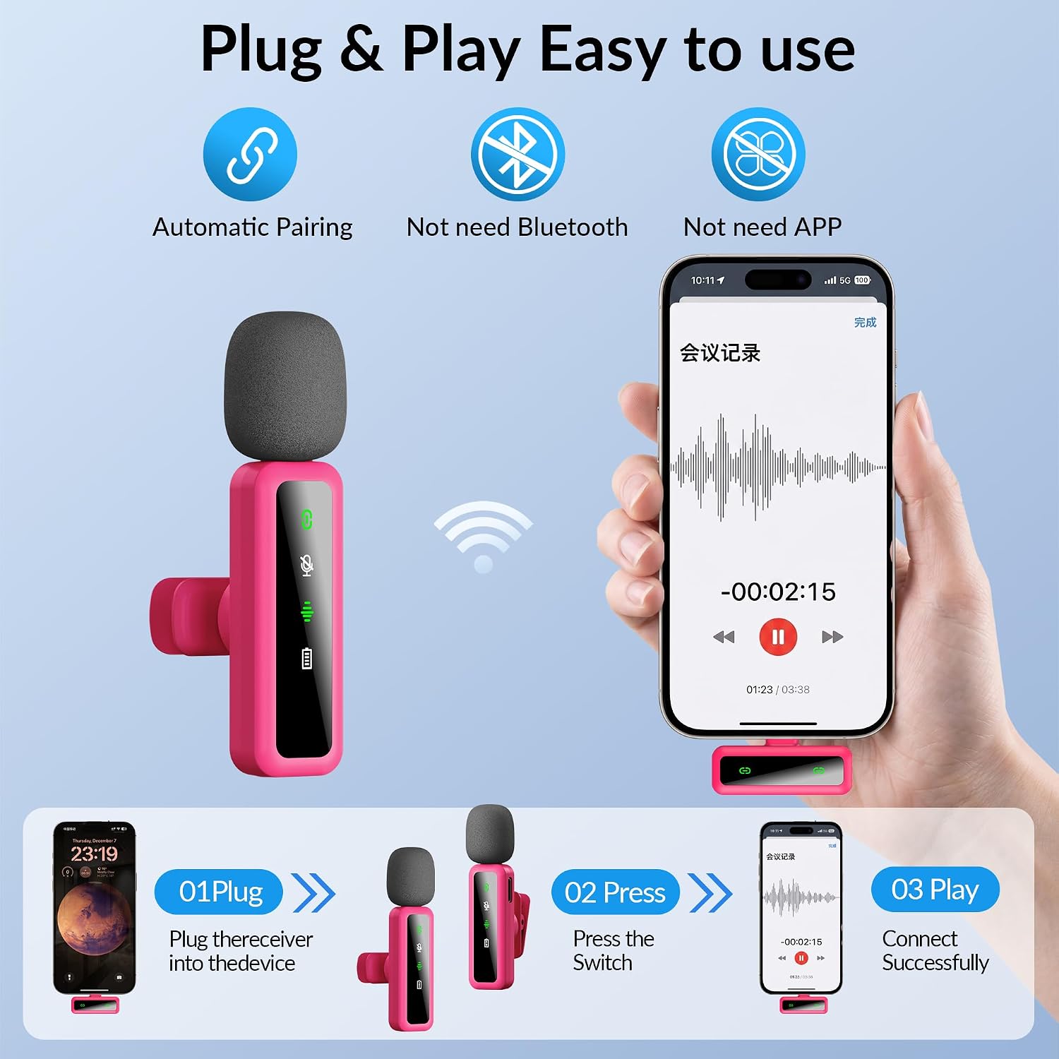 MICRÓFONO LAVALIER INALÁMBRICO ORDELE PARA IPHONE, ANDROID Y PC COLOR ROSA - 2