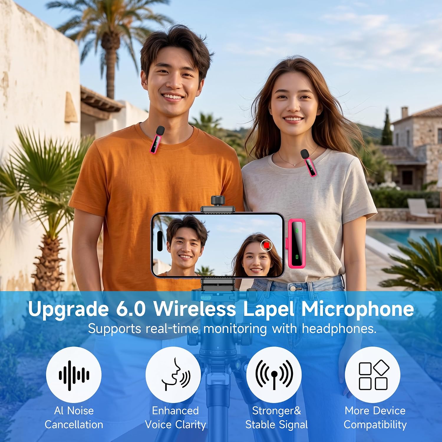 MICRÓFONO LAVALIER INALÁMBRICO ORDELE PARA IPHONE, ANDROID Y PC COLOR ROSA - 5